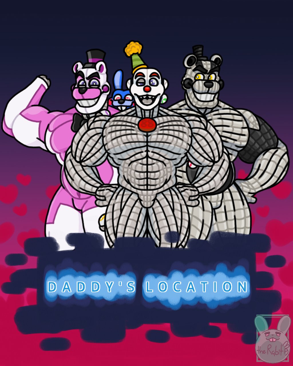 3boys abs animatronic anthro bara bear belly belly_button blue_body blue_eyes bowtie bulge cable cables chubby chubby_male ennard_(fnafsl) five_nights_at_freddy's five_nights_at_freddy's:_sister_location funtime_freddy_(fnafsl) gay green_eyes grey_body hands_on_hips humanoid looking_away machine makeup male male/male male/male/male male_focus male_only mammal mask moobs muscular muscular_arms muscular_male ornyrabi77 party_hat pecs pink_body pink_cheeks pink_eyes puppet_bonnie_(fnafsl) purple_eyes rabbit red_cheeks red_eyes robot sister_location smiling speaker text the_ornyrabi77 therabit top_hat ursid video_games white_body wire wires yellow_eyes yenndo_(fnaf)