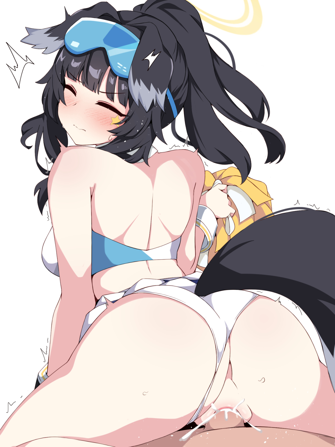 1boy, animal ears, ass, back, black hair, blue archive, blush, breasts, censored, cheerleader, clothed sex, clothing aside, cowgirl position, crop top, cum, cum in pussy, cum inside, dog ears, dog girl, dog tail, eyewear on head, female, from behind, halo, hibiki (blue archive), hibiki (cheerleader) (blue archive), highres, kumasteam, long hair, looking at viewer, looking back, male, midriff, mosaic censoring, panties, panties aside, penis, pussy, sex, skirt, solo focus, spread legs, straddling, straight, tail, underwear, vaginal penetration