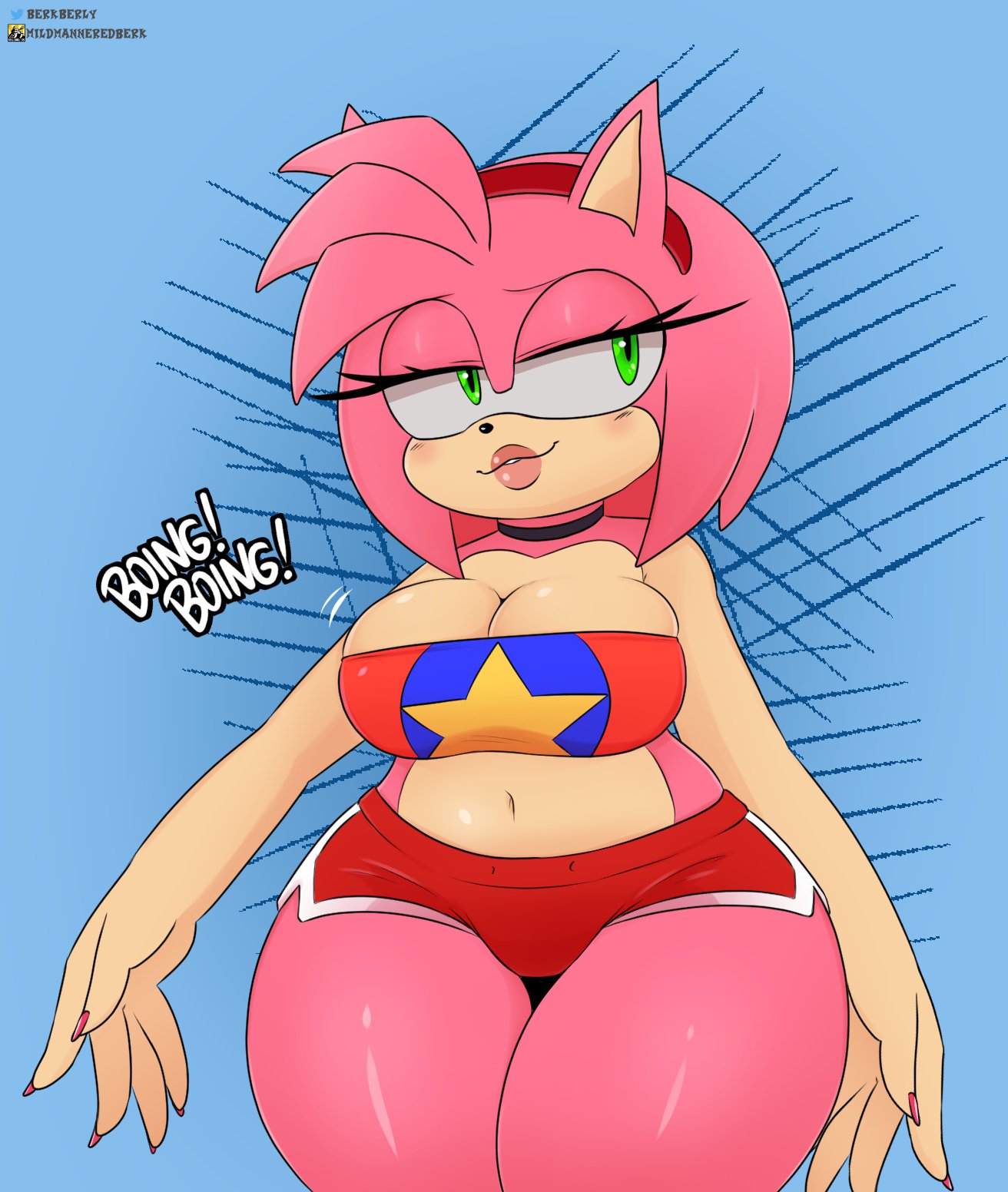 1girls, amy rose, anthro, belly button, berkthejerk, big breasts, blush, bra, breasts, cleavage, clothed, clothing, ear, female, female only, fur, furry, furry only, hair, headband, hedgehog, lipstick, nails, panties, sega, solo, sonic (series), sonic the hedgehog (series), text, thick thighs, underwear, wide hips