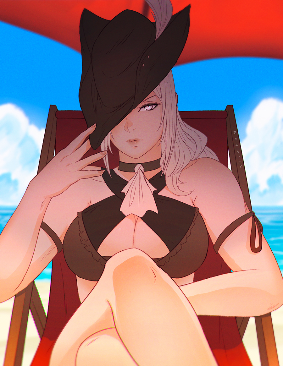 1girls beach beach_chair big_breasts bloodborne cleavage female female_only fromsoftware hat koyorin lady_maria_of_the_astral_clocktower legs_crossed light-skinned_female solo summer tagme thick_thighs white_hair