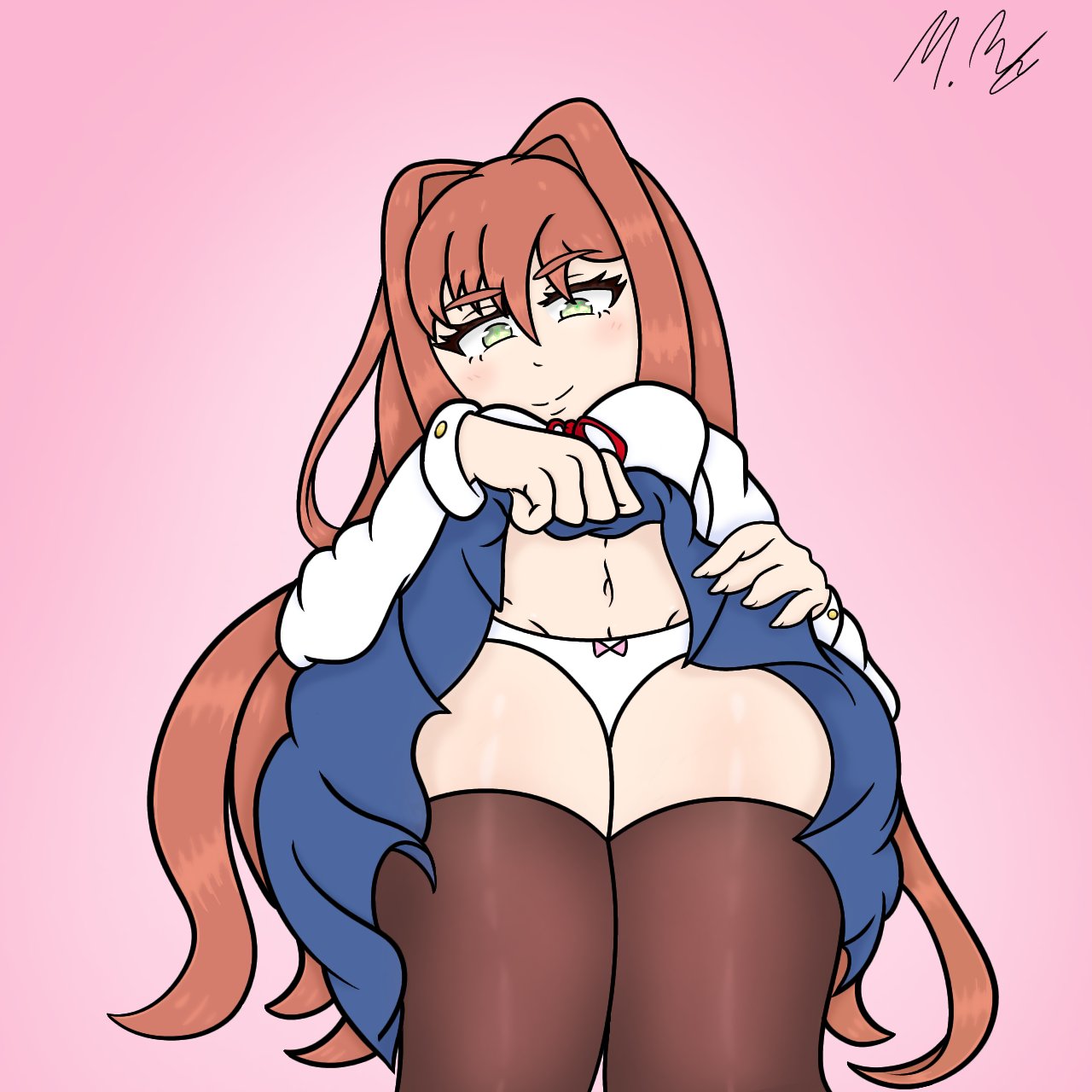 blue_skirt blush bow_panties doki_doki_literature_club female female_only green_eyes long_hair long_hair_female moldybagelhere monika_(doki_doki_literature_club) navel panties pantyshot pantyshot_(standing) pink_background red_ribbon ribbon skirt thigh_highs thighhighs thighs upskirt white_panties