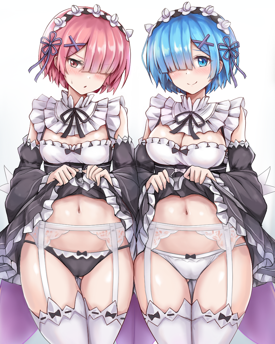 2girls bangs black_panties blue_eyes blue_hair blunt_bangs blush breasts cleavage cleavage_cutout clothes_lift clothing_cutout cowboy_shot detached_sleeves dress female female_focus flower_knot frilled_dress frilled_sleeves frills garter_belt garter_straps gluteal_fold hair_ornament hair_over_one_eye hair_ribbon lingerie looking_at_viewer maid maid_headdress matching_hair/eyes medium_breasts multiple_girls navel panties parted_lips pleated_dress r-binon ram_(re:zero) re:zero_kara_hajimeru_isekai_seikatsu red_eyes red_hair rem_(re:zero) ribbon short_hair siblings sidelocks sisters skirt skirt_lift small_breasts smile stomach swept_bangs thigh_gap thighhighs thighs twins two-tone_dress underwear white_legwear white_panties wide_sleeves x_hair_ornament