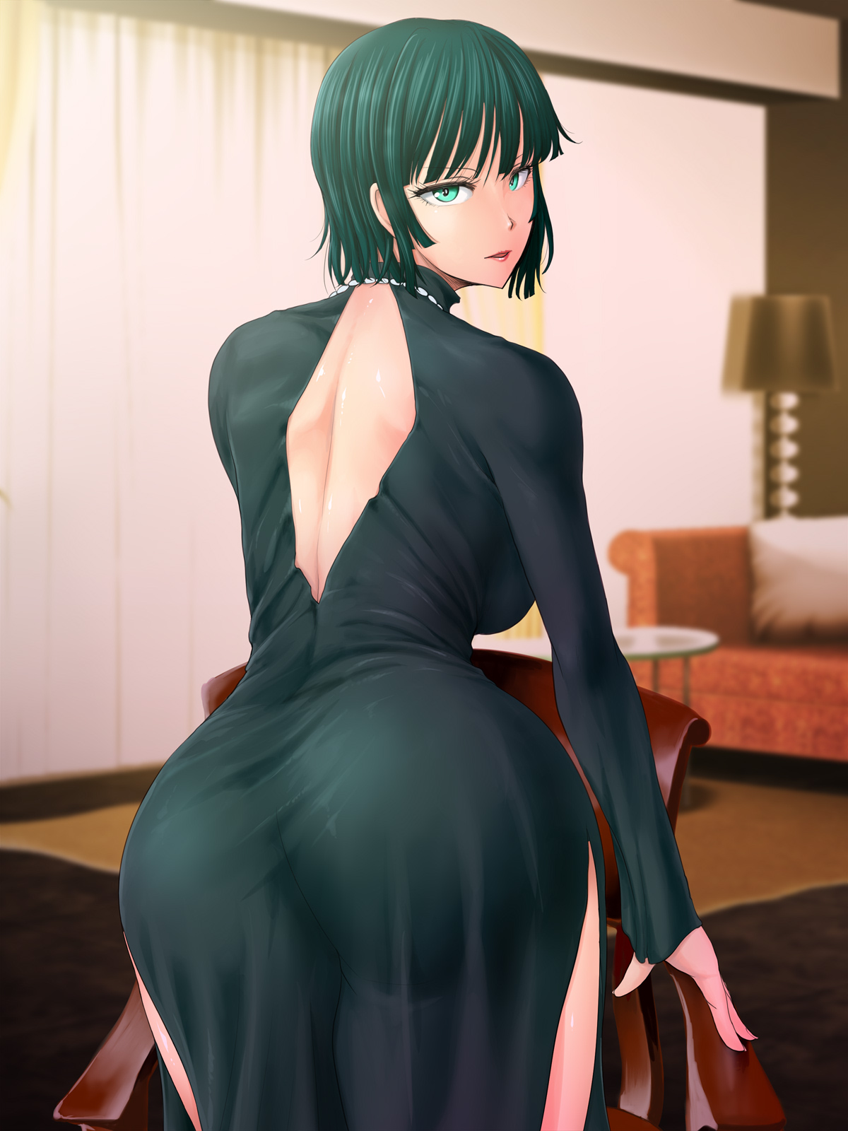 1girls, ass, ass in dress, back view, bending over, bent over, big ass, big butt, bob cut, breasts, chair, clothes, clothing, curvy, curvy body, curvy female, curvy figure, dark green hair, dark hair, dress, esper, exposed back, exposed thighs, eye contact, female, female focus, fit, fit female, fubuki (one-punch man), green eyes, green hair, heroine, hips, hotel, hourglass figure, jewelry, large ass, legs, legs together, light skin, light-skinned female, lips, lipstick, living room, long sleeves, looking at viewer, looking back, medium hair, nails, necklace, one-punch man, pink lips, pink lipstick, pose, presenting, presenting ass, psychic, see-through, see-through clothing, shiny skin, short hair, tagata, teasing, thick, thick ass, thick legs, thick thighs, tight clothing, tight dress, toned, toned back, toned female, underboob, voluptuous, wide hips