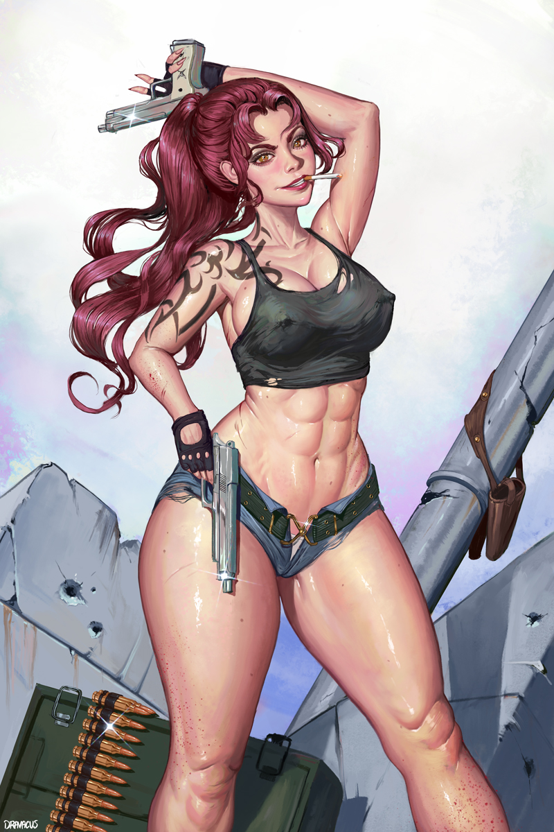 1girls abs big_breasts black_lagoon dominant_female dravacus female female_only femme_fatale gun nipple_bulge pants_down pink_hair pink_lips revy seductive_eyes seductive_look seductive_smile solo tattoo