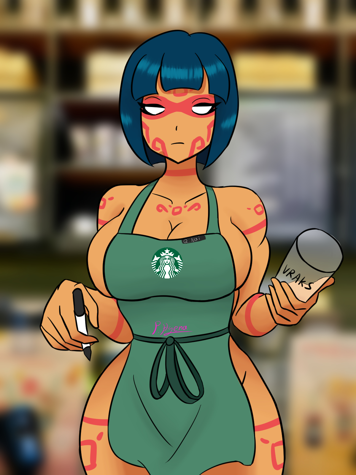 1girls, ass, bare hips, bare shoulders, big breasts, brawlhalla, breasts, busty, dark skin, dark-skinned female, female, front view, holding object, holding pen, iced latte with breast milk, meme, overflowing breasts, pathyena, queen nai (brawlhalla), sideboob, slim waist, solo, starbucks, tagme (artist), thick thighs, uniform, wide hips