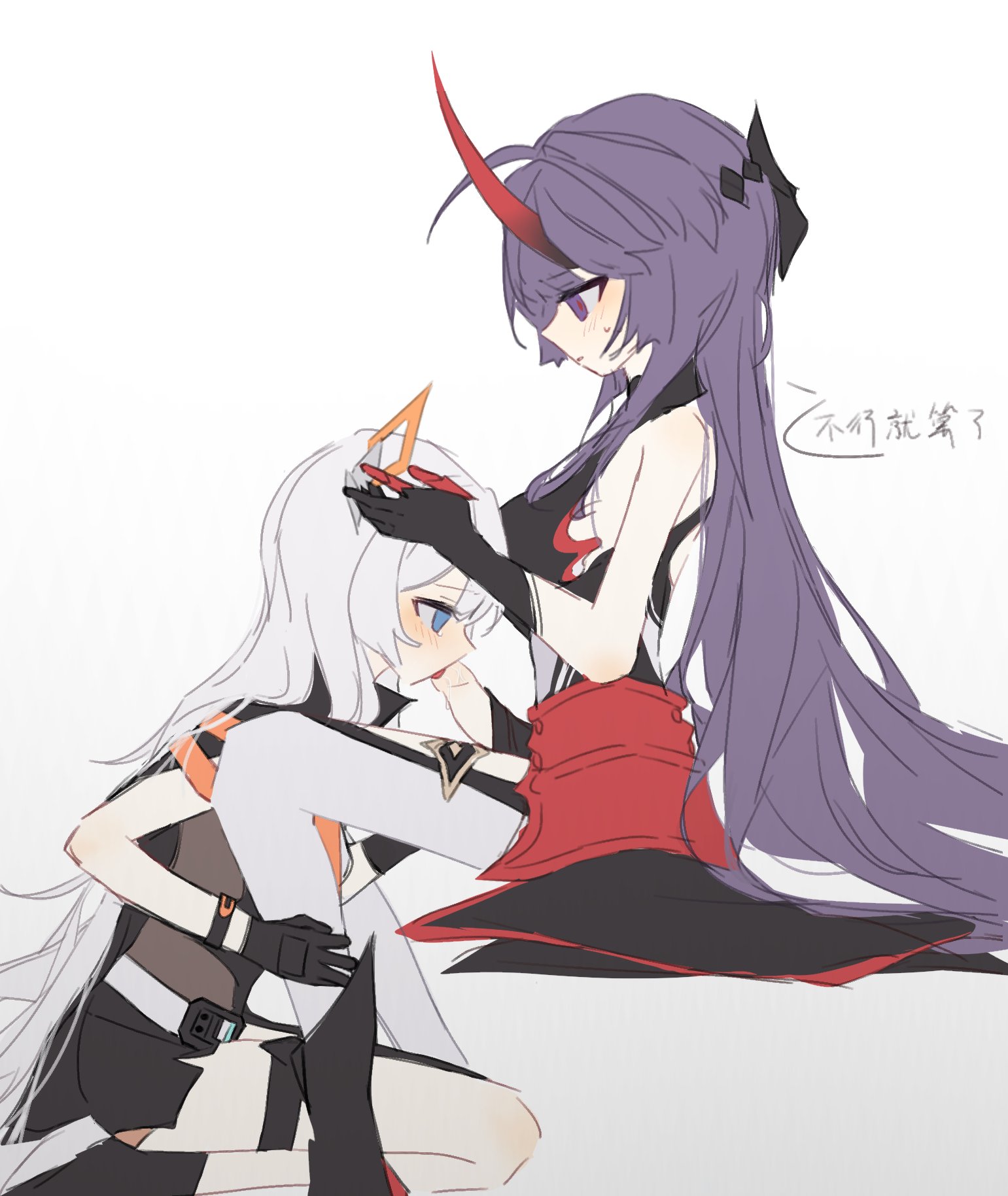 1futa, 1girls, bangs, clothed, clothing, duo, erection, fellatio, female, fully clothed, futa on female, futanari, hand on calf, hand on head, honkai (series), honkai impact 3rd, horns, human, intersex, k127m413, kiana kaslana, licking penis, licking tip, light skin, light-skinned female, light-skinned futa, long hair, looking at partner, looking down, mostly clothed, oral, penis, purple hair, raiden mei, sex, silver hair, sitting