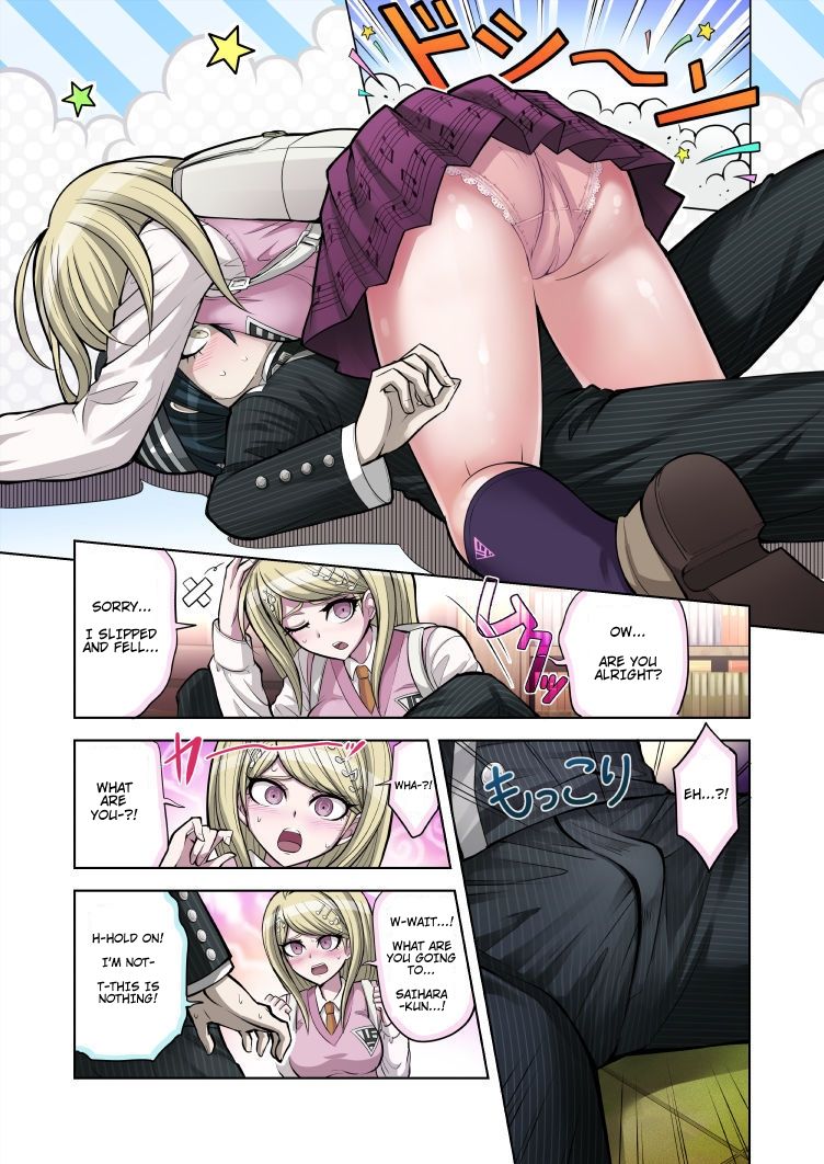 accidental exposure, akamatsu kaede, blush, danganronpa, danganronpa v3, embarrassed, erection, female, hime hajime (artist), panties, saihara shuuichi, straight hair, upskirt