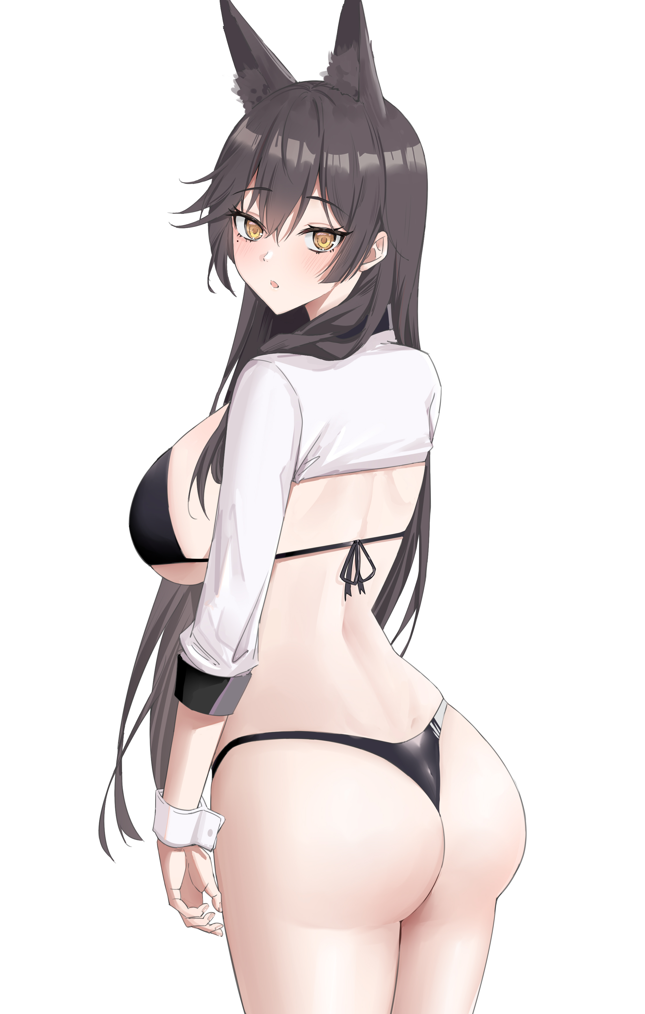 :o, 1girls, absurdres, animal ear fluff, animal ears, ass, atago (azur lane), atago (stunning speedster) (azur lane), azur lane, back, bangs, bikini, black bikini, black hair, breasts, dog ears, dog girl, female, from behind, highres, kirin3145, large breasts, long hair, looking at viewer, looking back, mole, mole under eye, shrug (clothing), simple background, solo, straight hair, swimsuit, thick thighs, thighs, very long hair, white background, wrist cuffs, yellow eyes