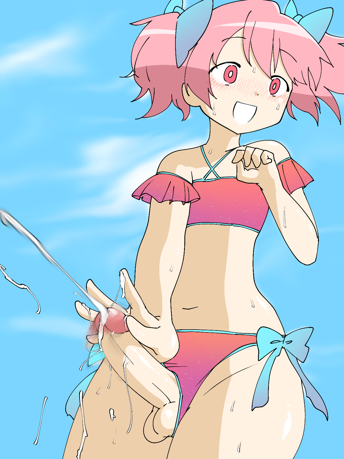 1futa, balls, bikini, blush, clothed, clothing, cum, cumdrip, cumshot, ejaculation, erection, futa only, futanari, human, intersex, light skin, light-skinned futa, madoka kaname, mahou shoujo madoka magica, medium penis, mostly nude, orgasm, outdoors, penis, pink eyes, pink hair, projectile cum, short hair, solo, spring b, standing, sweat, swimsuit, twintails, uncensored
