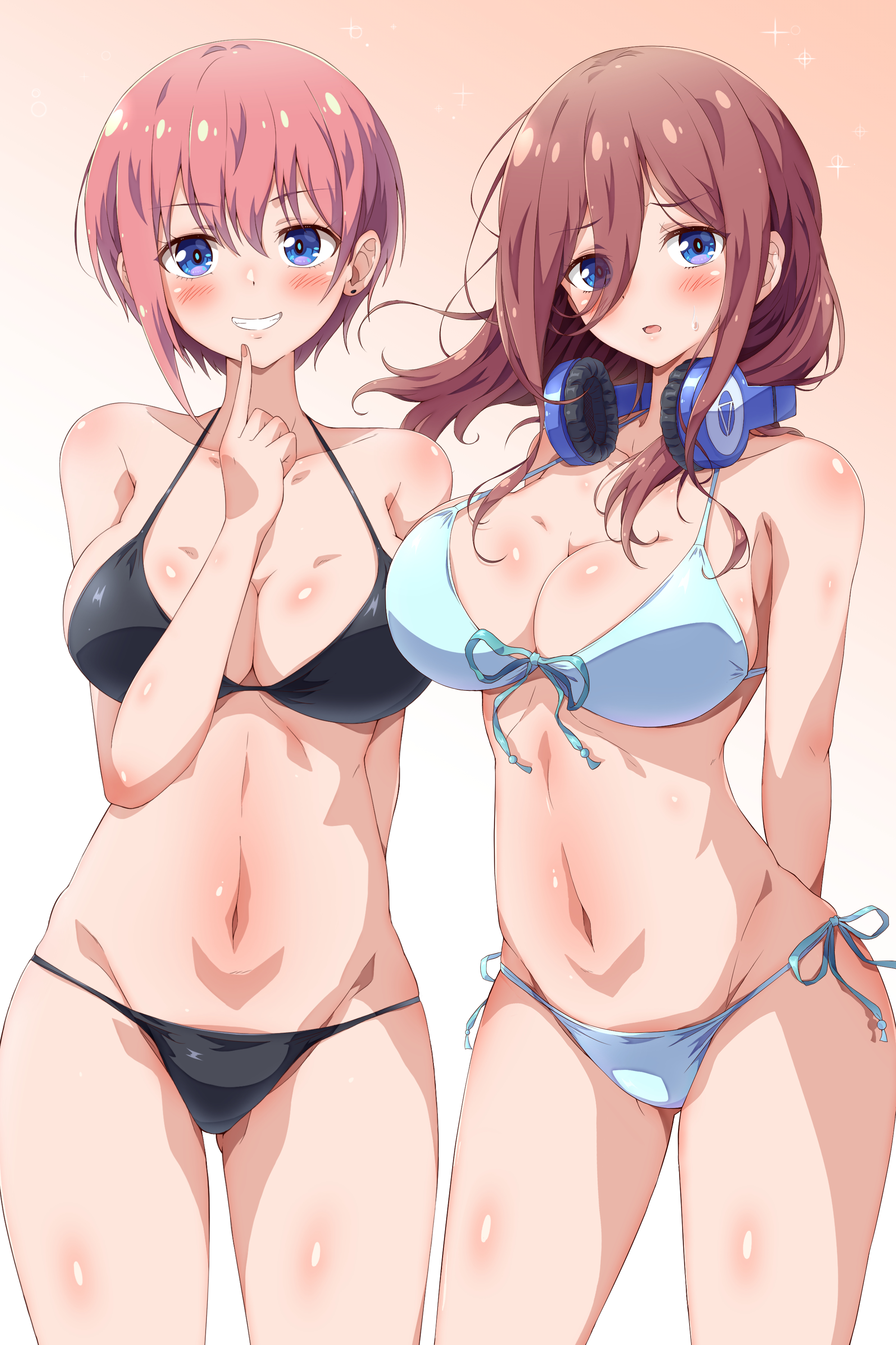 2girls, absurdres, arm behind back, arms behind back, bikini, black bikini, blue bikini, blue eyes, blush, breasts, collarbone, eggman (ni tamagoex), eyes visible through hair, female, go-toubun no hanayome, gradient, gradient background, grey background, hair between eyes, halterneck, headphones, headphones around neck, highres, large breasts, looking at viewer, medium hair, multiple females, multiple girls, nakano ichika, nakano miku, navel, open mouth, pink hair, red hair, short hair, siblings, side-tie bikini, sisters, smile, standing, stomach, string bikini, swimsuit, take your pick, thighs, twins