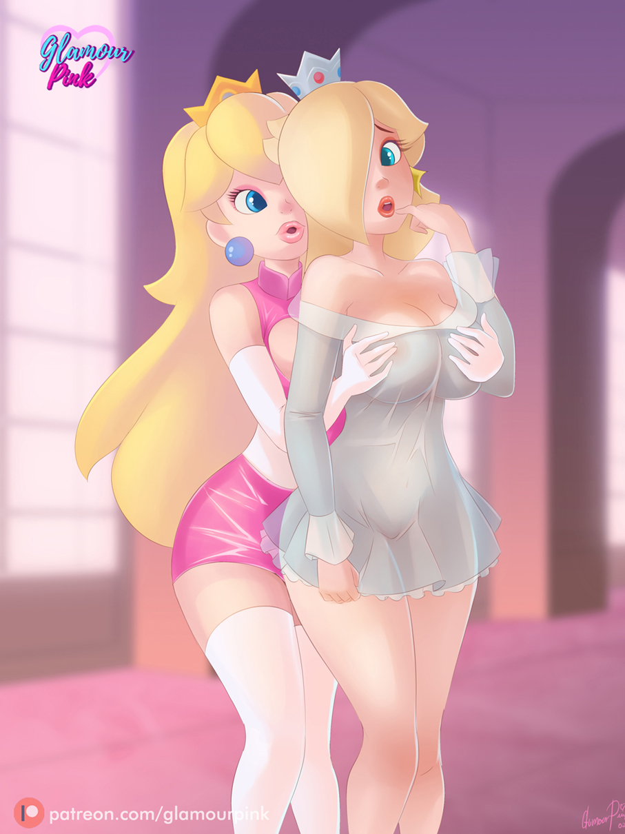 2girls, blonde hair, blue eyes, breasts, clothed, clothing, crown, earrings, female, glamourpink, grabbing breasts, grabbing from behind, groping breasts, groping from behind, hand on breast, long hair, mario (series), multiple females, multiple girls, open mouth, pink lips, pink lipstick, princess peach, princess rosalina, pussy, pussy visible through clothes, see-through, see-through clothing, white gloves, white legwear, white skin, worried, worried expression, yellow hair, yuri