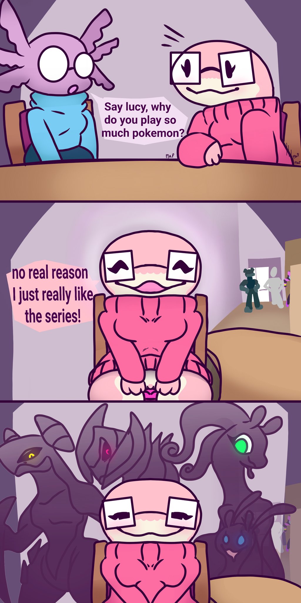 amphibian anthro comic dialogue english english_text female furry game_freak garchomp glasses goodra haxorus lucy_(sodabug) nintendo nora_(sodabug) pokemon pokemon_(species) pussy salamander_(amphibian) scalid scalie sliggoo sodabug sweater text video_games