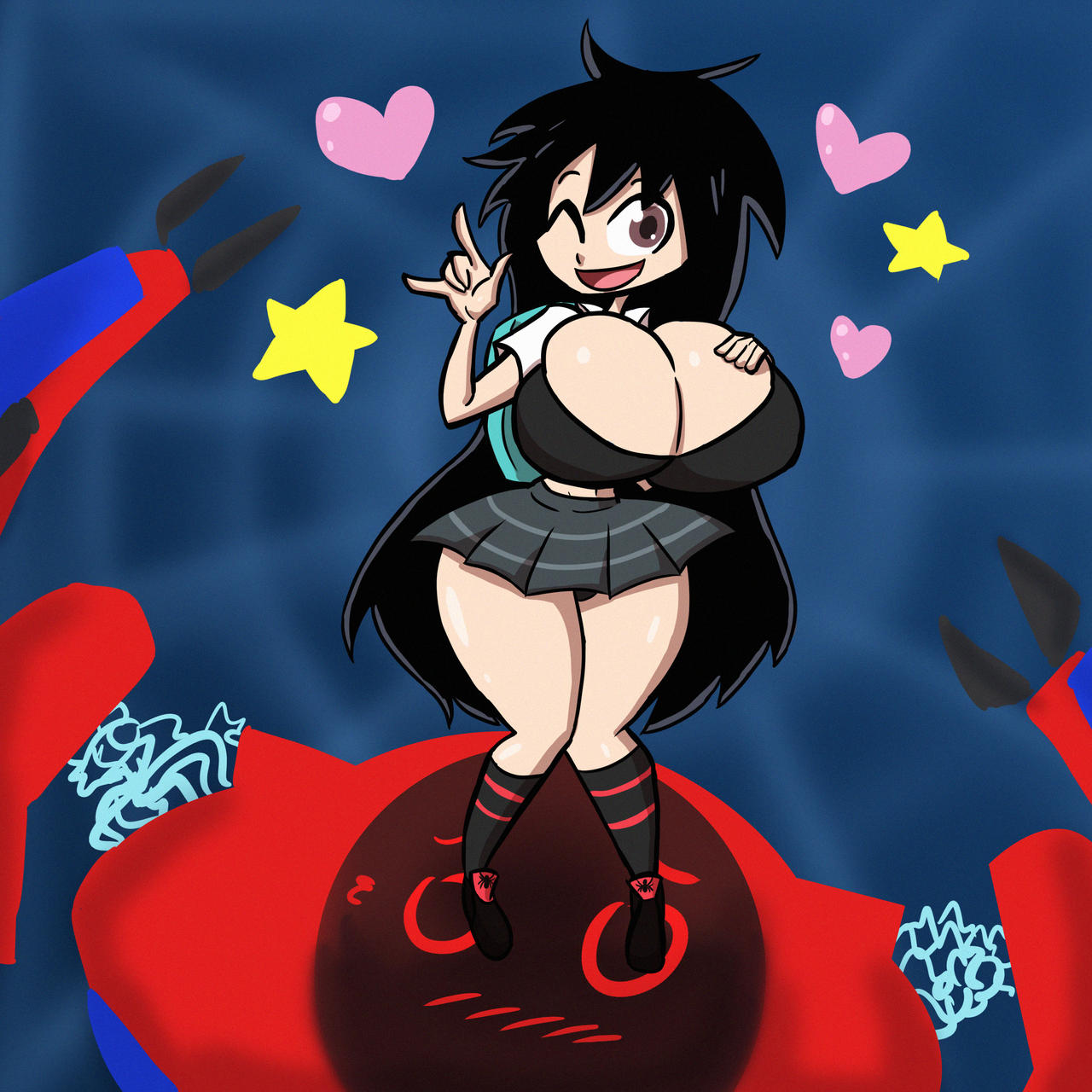 1girls, aged up, ass, backpack, bag, big ass, black hair, breasts, cleavage, clothed, clothing, da-fuze, female, female only, footwear, hourglass figure, huge breasts, human, large breasts, long hair, marvel, marvel comics, no bra, pale skin, peni parker, revealing clothes, robot, school uniform, sideass, sp//dr, spider-man (series), spider-man: into the spider-verse, teasing, underass