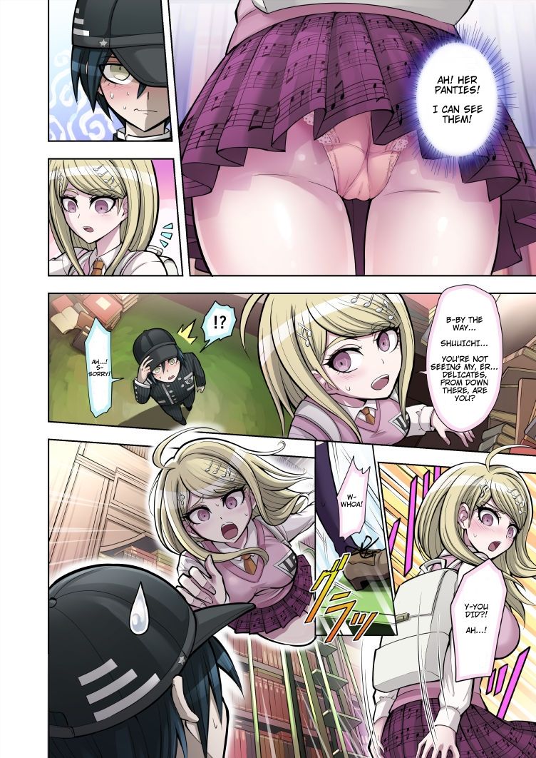 accidental exposure, akamatsu kaede, blush, danganronpa, danganronpa v3, embarrassed, female, hime hajime (artist), panties, saihara shuuichi, straight hair, upskirt