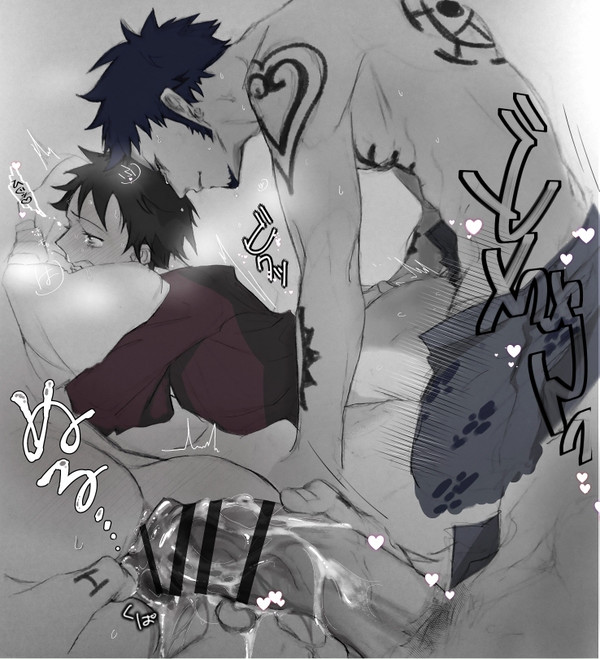 2boys, anal, black hair, cum, gay, male, male only, male/male, monkey d luffy, muscular, muscular male, one piece, penetration, scar, submissive male, sweat, tattoo, tears, trafalgar law, yaoi