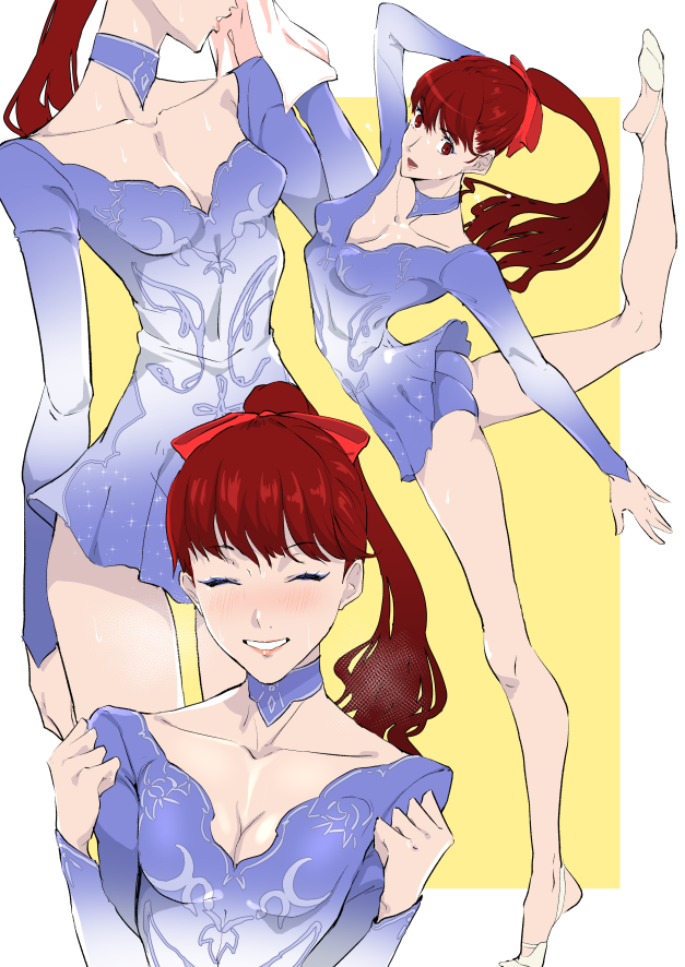 1girls big_breasts bow breasts collar flexible gym_uniform gymnastics hairbow kamishakujii_(poppenheim) kasumi_yoshizawa leg_up leotard panties persona persona_5 persona_5_royal ponytail poppenhaimu pose posing red_hair skirt sumire_yoshizawa sweat sweatdrop sweating