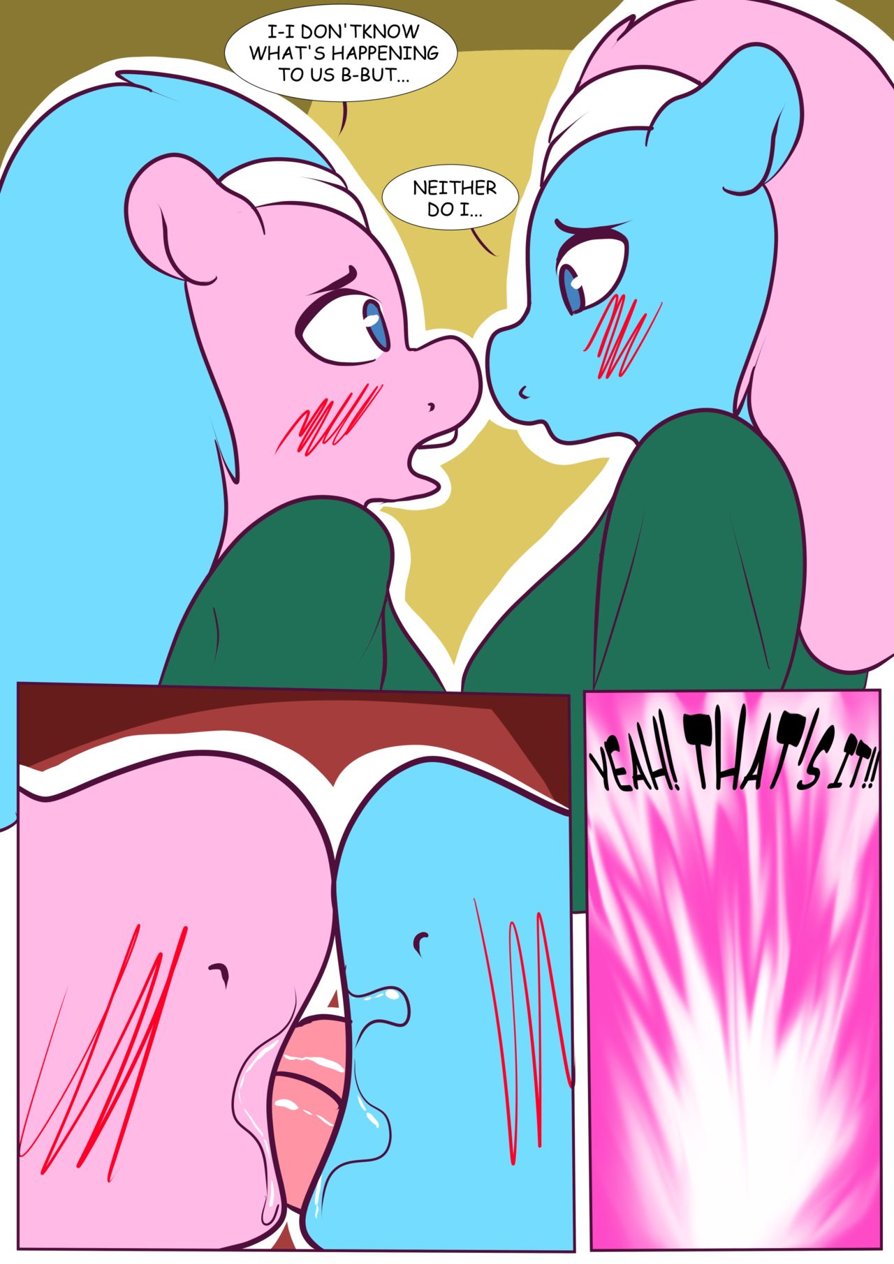 2girls aloe_(mlp) anthro blue_eyes blue_hair blush comic english_text french_kiss furry lotus_blossom my_little_pony pink_hair speech_bubble spunkubus yuri