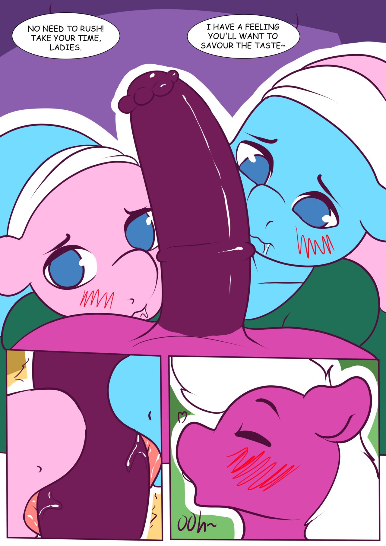 3girls aloe_(mlp) anthro blue_eyes blue_hair blush comic drooling english_text furry futanari horsecock horsecock_futanari licking_penis lotus_blossom my_little_pony original_character pink_hair speech_bubble spunkubus