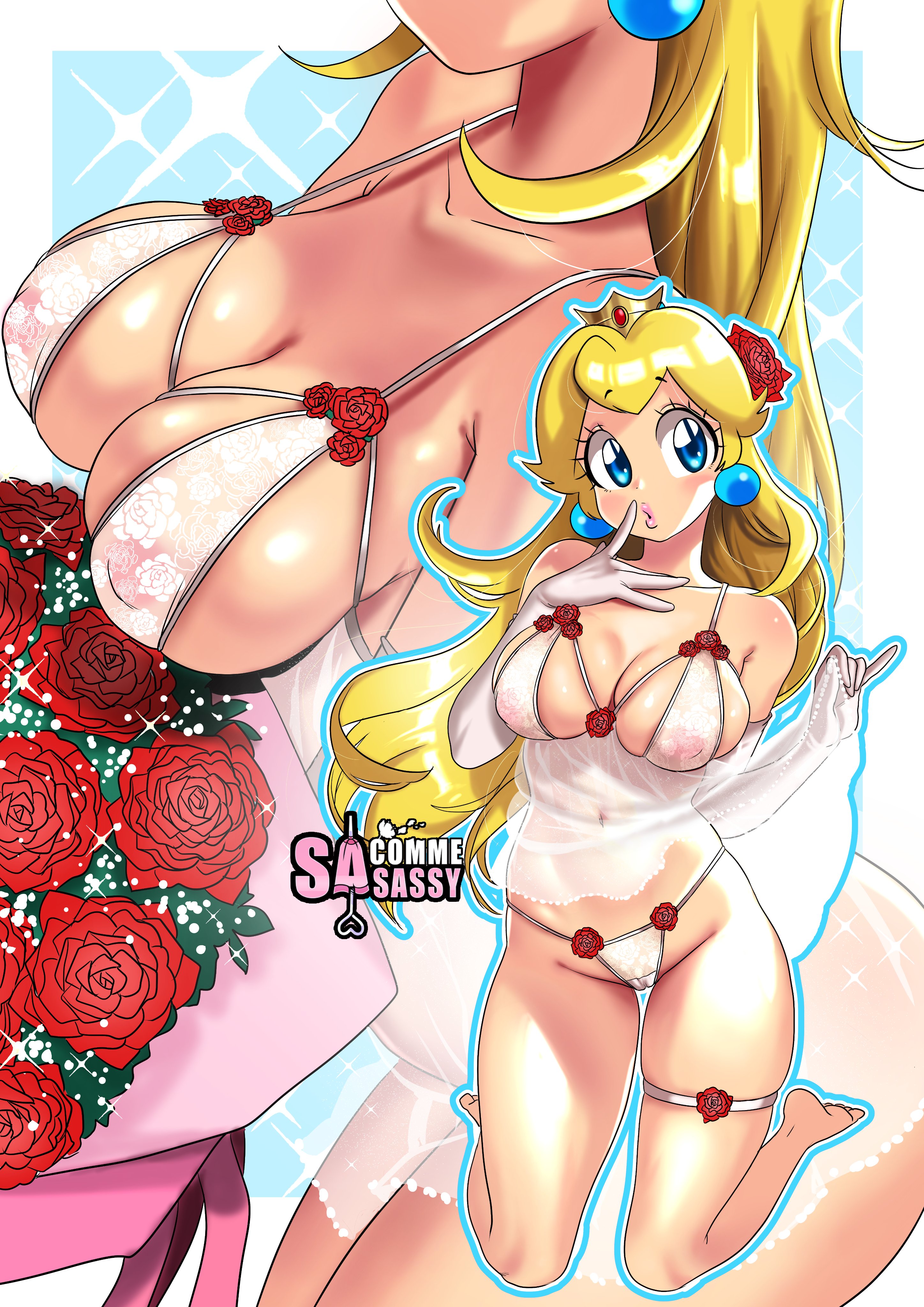 1girls, 2022, absurd res, alternate breast size, artist name, bare shoulders, barefoot, blonde hair, blue eyes, bouquet, bra, breasts, cameltoe, cleavage, crown, earrings, elbow gloves, eyebrows visible through hair, feet, female, female only, finger to mouth, flower, gloves, hair flower, hair ornament, highres, holding bouquet, jewelry, kneeling, large breasts, lifted by self, lingerie, lipstick, long hair, looking at viewer, makeup, mario (series), multiple views, navel, nightgown, nintendo, nipple bulge, open mouth, panties, pink lipstick, princess peach, puckered lips, pussy, red flower, red rose, revealing clothes, rose, sasatseng, see-through, see-through clothing, skindentation, soles, solo, sparkle, string panties, thick thighs, thigh strap, thighs, thong, watermark, white border, white bra, white gloves, white panties