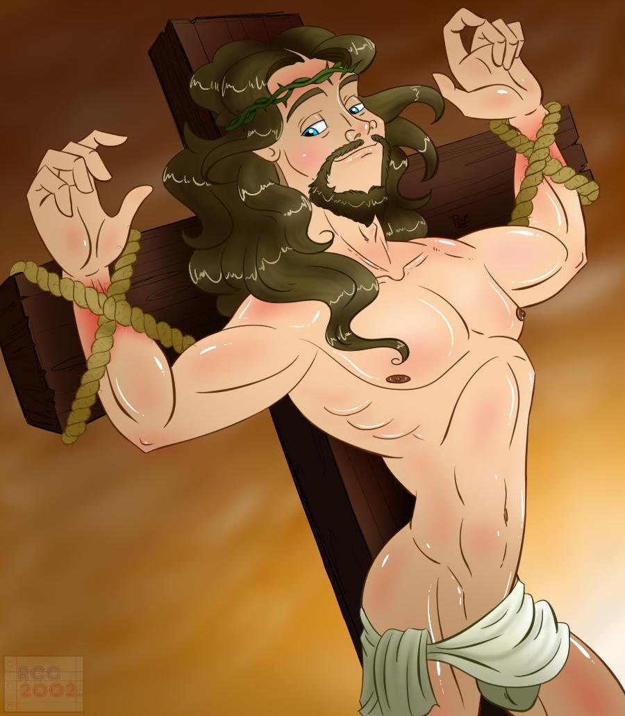 1boy blue_eyes bondage bound brown_hair bulge drawn_together facial_hair goatee human jesus_christ loincloth long_hair_male male male_nipples male_only muscles muscular_male on_cross pecs public_domain rcc2002 religion smooth_skinned_male solo tied_up