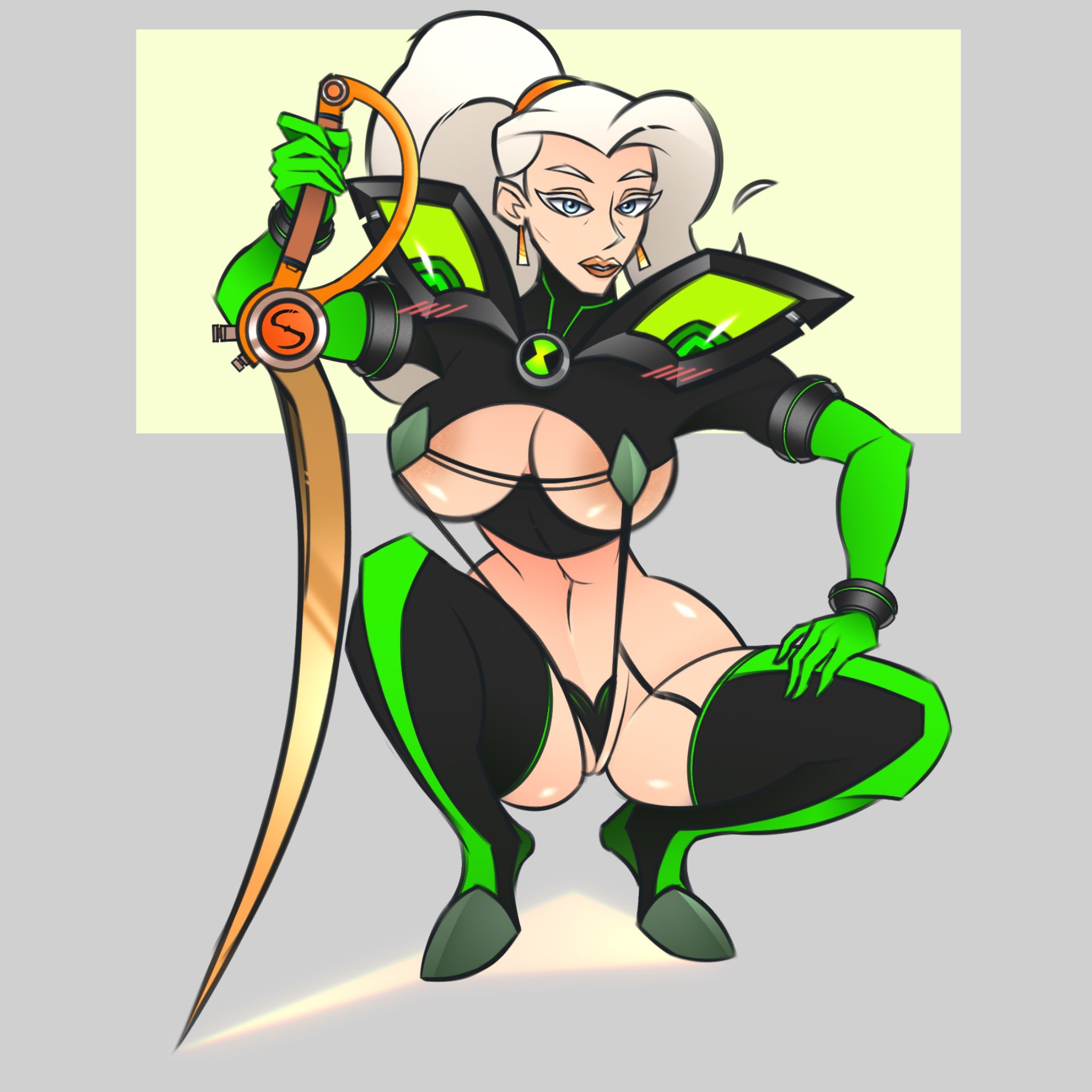 1girls, ben 10, ben tennyson, blue eyes, breasts, cartoon network, crossover, drew saturday, drew saturday (omniverse), female, kamui (kill la kill), kill la kill, large breasts, limpbasedbizkit, milf, ponytail, scissor blade, senketsu, senketsu (cosplay), skimpy, stockings, sword, the secret saturdays, warner bros, warner brothers, weird crossover, white hair