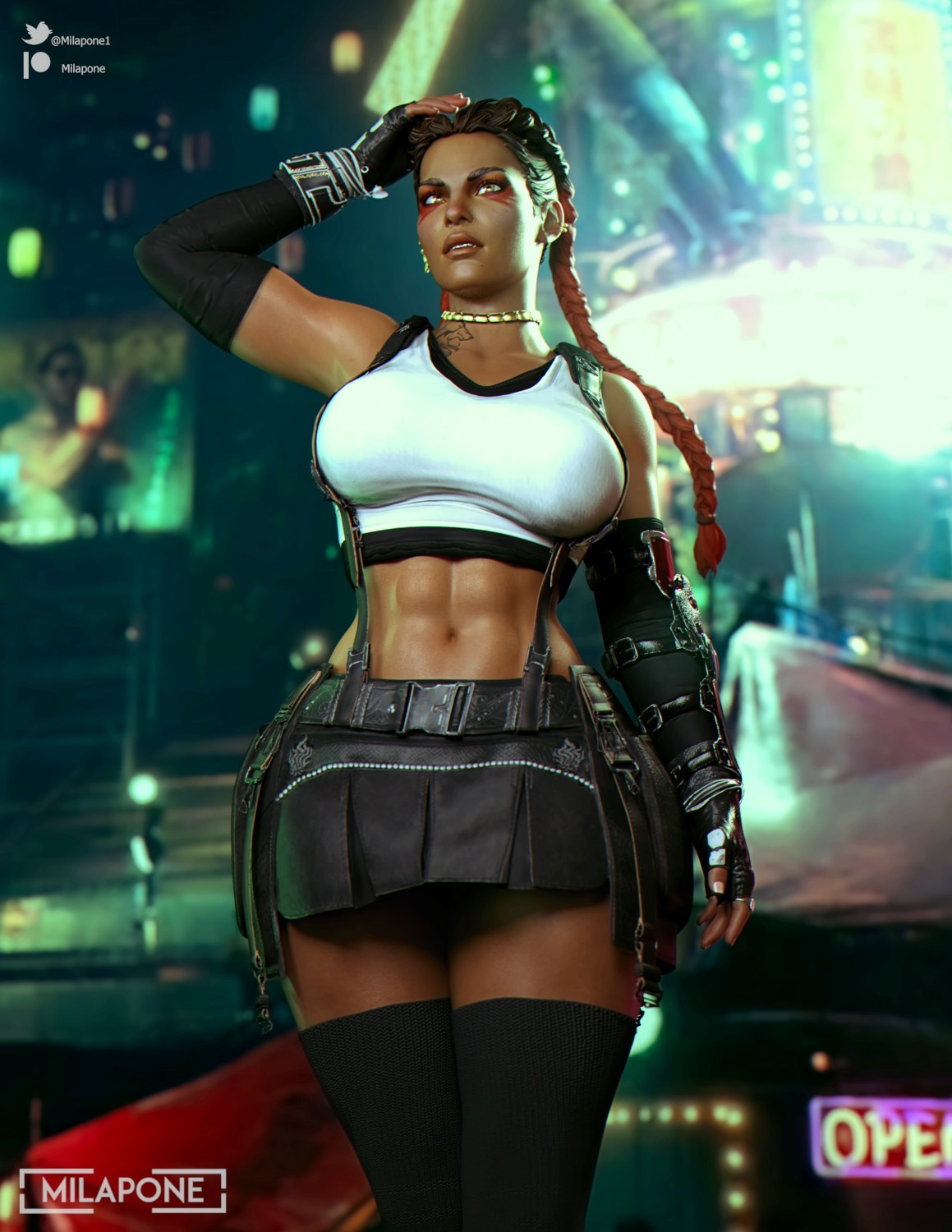 1girls, 3d, abs, apex legends, ass, big ass, big breasts, braided hair, braided twintails, breasts, cosplay, costume swap, crossover cosplay, dark skin, dark-skinned female, female, female only, final fantasy, final fantasy vii, final fantasy vii remake, loba (apex legends), midriff, milapone, patreon username, respawn entertainment, skirt, solo, tattoo, thick thighs, thighhighs, tifa lockhart (cosplay), twitter username, two-tone hair, wide hips