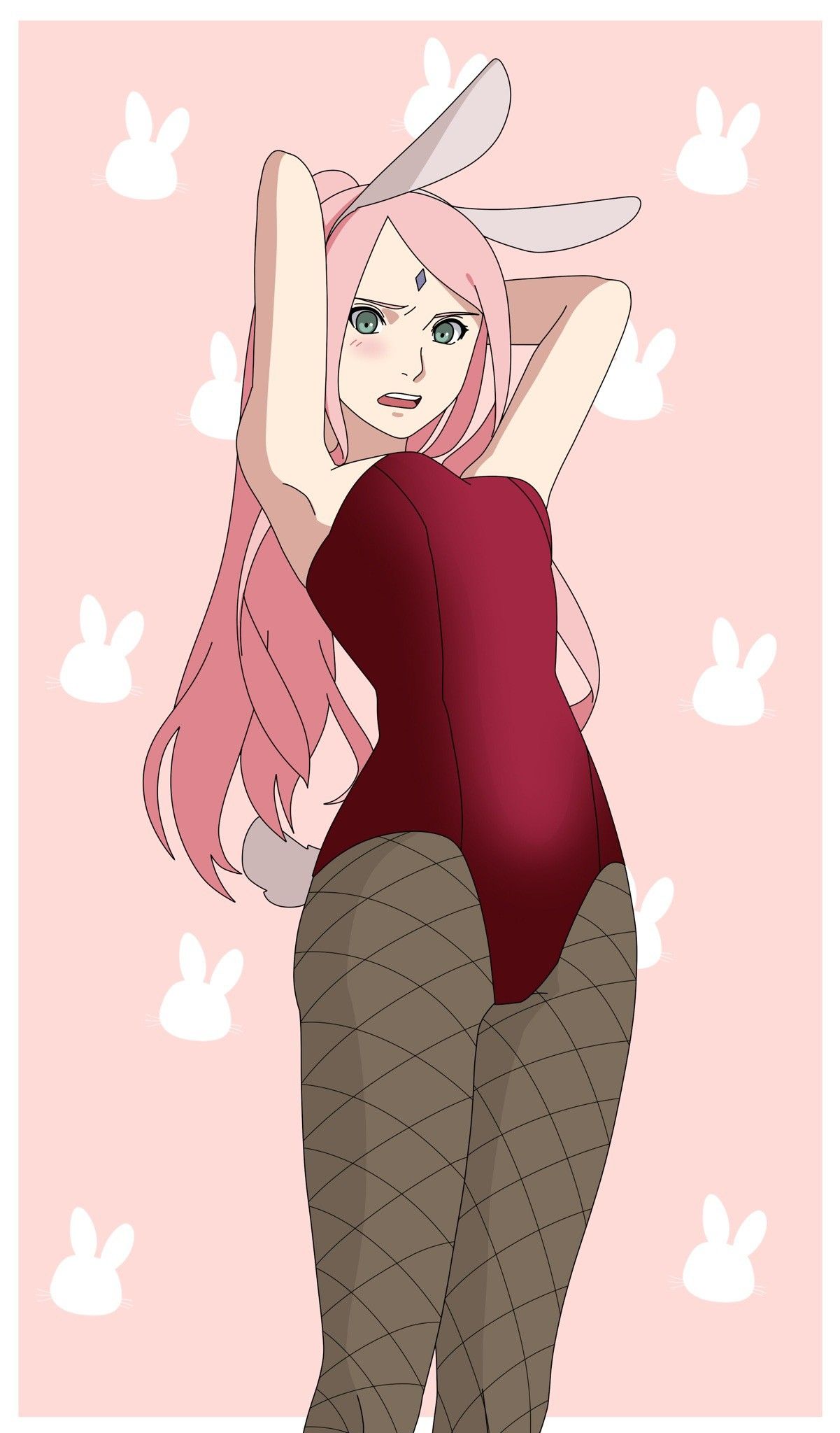 1girls alternate_hair_length alternate_hairstyle animal_ears armpits arms_behind_head arms_up artist_request bare_arms blush boruto:_naruto_next_generations bunny_ears bunny_girl bunny_tail bunnysuit clothing cowboy_shot embarrassed_female facial_mark fake_animal_ears fake_animal_tail fake_bunny_ears fake_bunny_tail female female_only fishnet_legwear fishnet_pantyhose fishnets forehead_mark green_eyes high_resolution leotard long_hair looking_at_viewer milf naruto naruto_(series) pantyhose pink_background pink_hair ponytail presenting_armpit red_leotard sakura_haruno showing_armpits simple_background sleeveless smooth_armpits solo solo_female tied_hair very_high_resolution