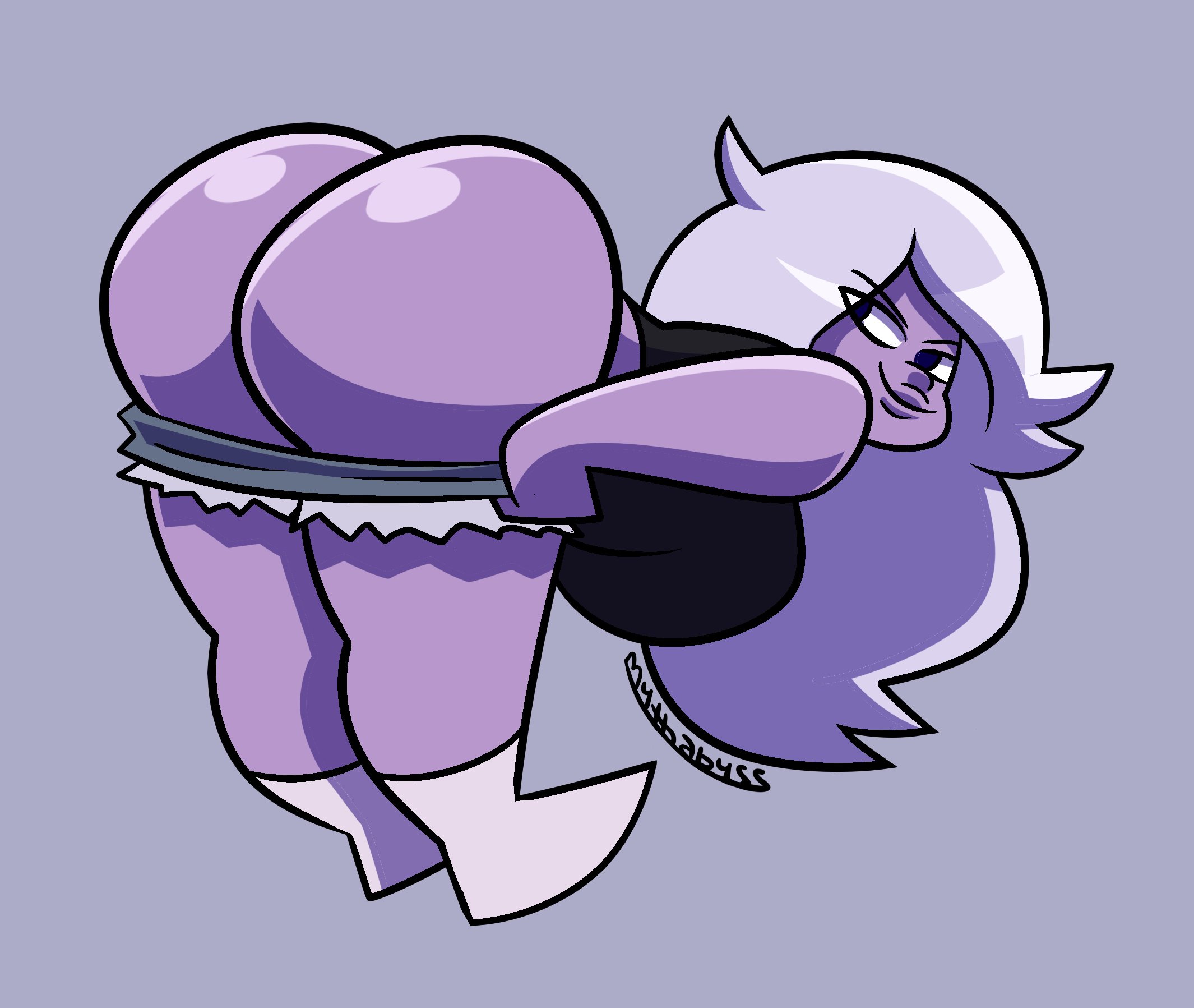 1girls, amethyst (steven universe), ass, bent over, big ass, bubble ass, bubble butt, cartoon network, clothing, female, female only, gem (species), huge ass, looking at viewer, looking back, mooning, mythabyss, purple skin, shirt, shorts, shorts down, shortstack, solo, steven universe, white hair