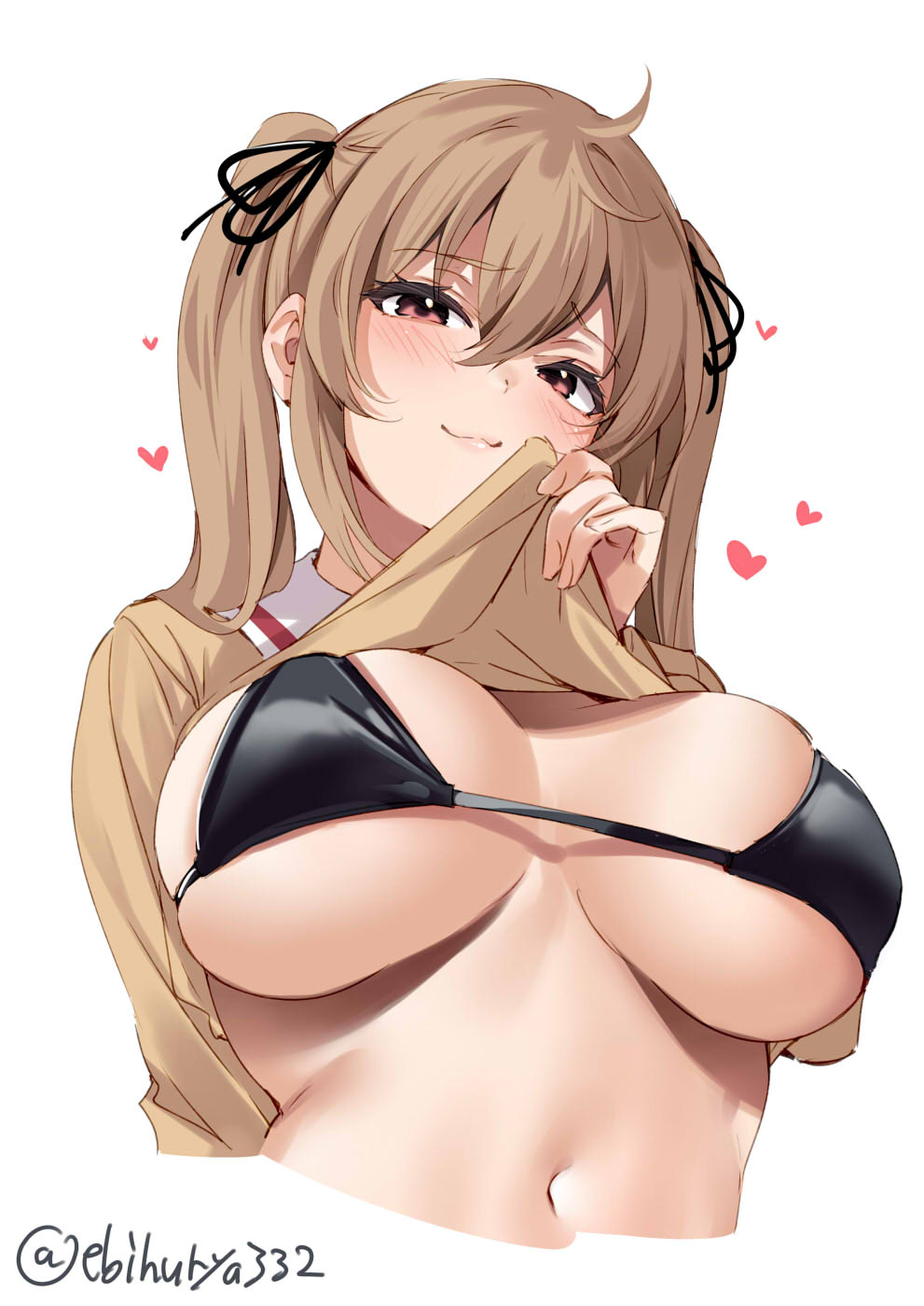 bangs bikini black_bikini black_ribbon blush breasts closed_mouth clothes_lift cropped_torso ebifurya female hair_between_eyes hair_ribbon hand_up heart highres kantai_collection large_breasts lifted_by_self light_brown_hair long_hair long_sleeves looking_at_viewer murasame_(kantai_collection) navel one-hour_drawing_challenge raised_eyebrows ribbon sailor_collar simple_background skindentation solo swimsuit twintails twitter_username underboob upper_body white_background