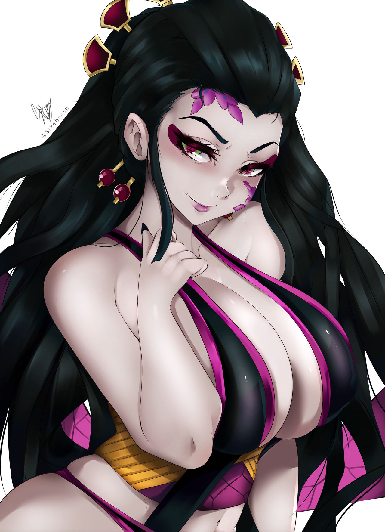 big_breasts bikini_top black_hair cleavage daki_(kimetsu_no_yaiba) demon_girl demon_slayer eyeshadow facial_markings female female_only hair_ornament huge_breasts kimetsu_no_yaiba long_hair looking_at_viewer obi pale-skinned_female pale_skin seductive_smile sizebrush sling_bikini_top smile solo