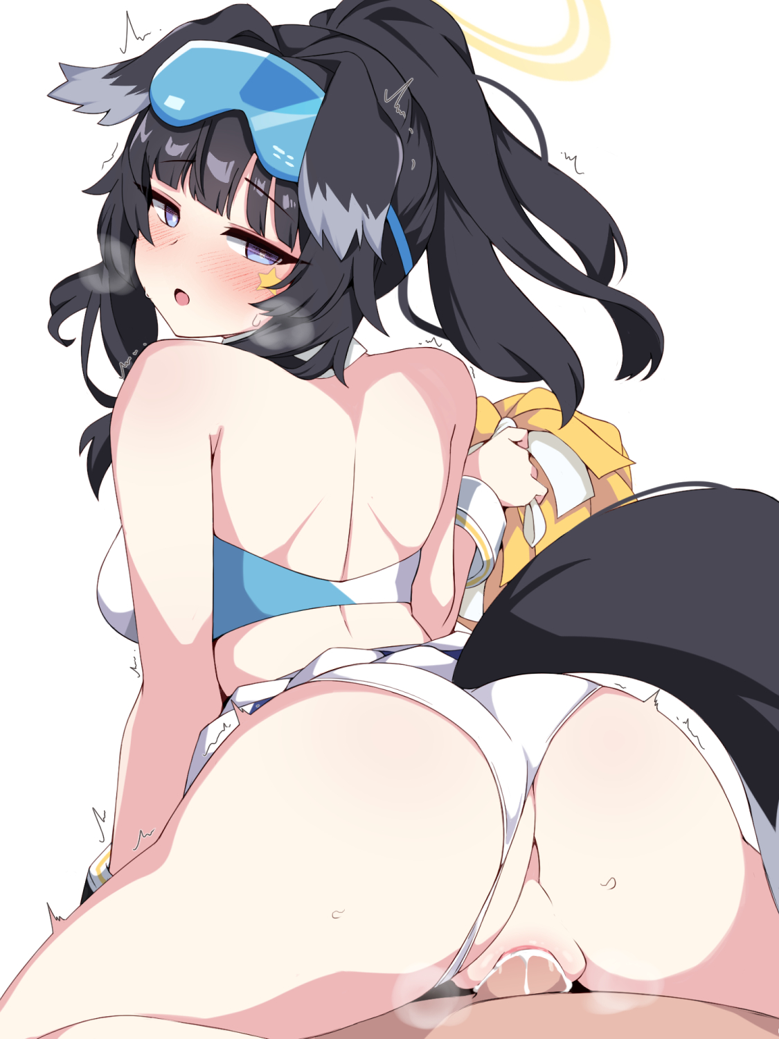 1boy, after sex, after vaginal, animal ears, ass, back, black hair, blue archive, blush, breasts, censored, cheerleader, clothed sex, clothing aside, cowgirl position, crop top, cum, cum in pussy, cum inside, dog ears, dog girl, dog tail, eyewear on head, female, from behind, halo, hibiki (blue archive), hibiki (cheerleader) (blue archive), highres, kumasteam, long hair, looking at viewer, looking back, male, midriff, mosaic censoring, panties, panties aside, penis, pussy, sex, skirt, solo focus, spread legs, straddling, straight, tail, underwear, vaginal penetration