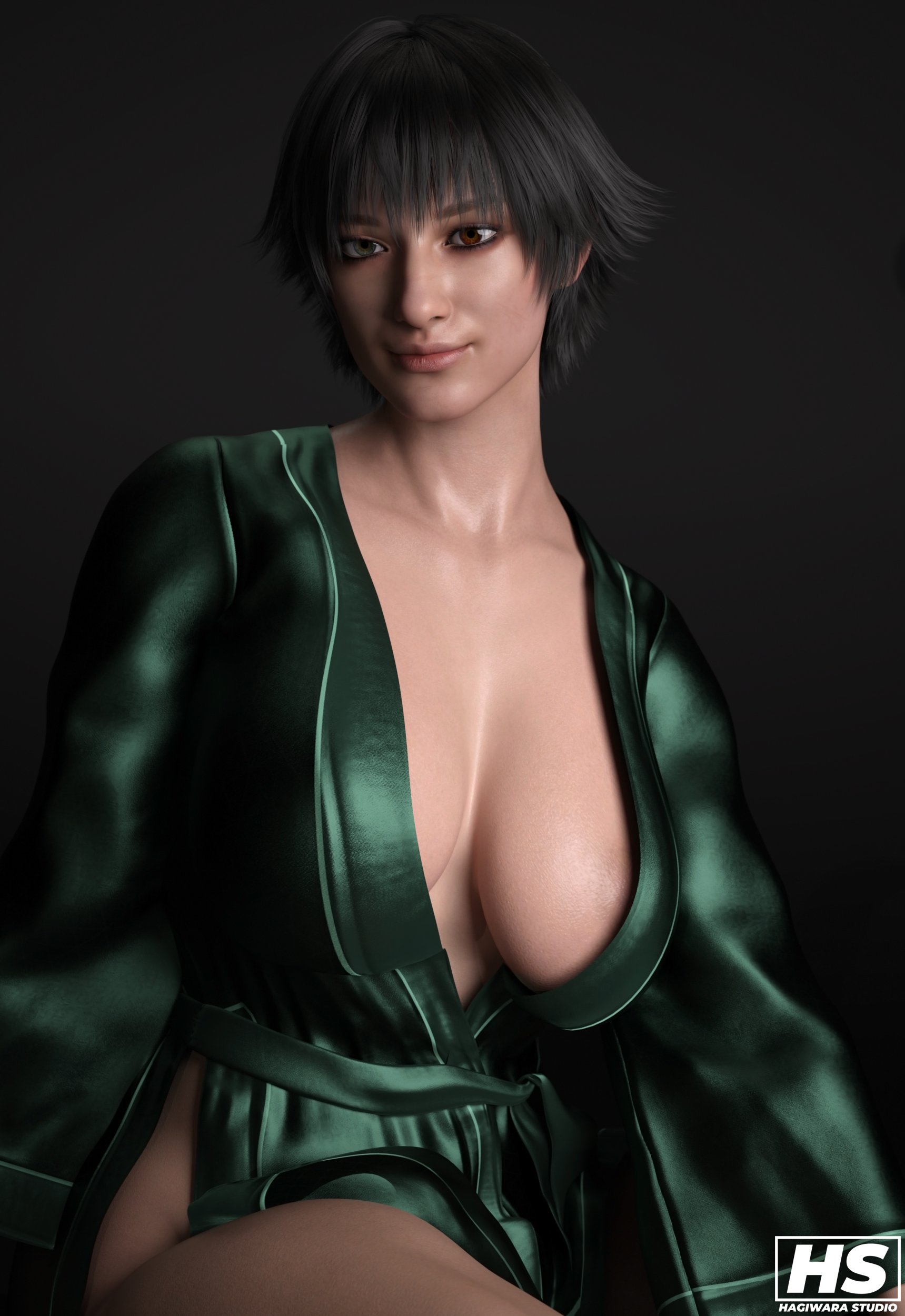1girls, 3d, areolae, big breasts, breasts, capcom, devil may cry, devil may cry (series), devil may cry 5, female, female only, hagiwara studio, heterochromia, lady (devil may cry), robe, sitting, solo, solo female, tagme, thick thighs