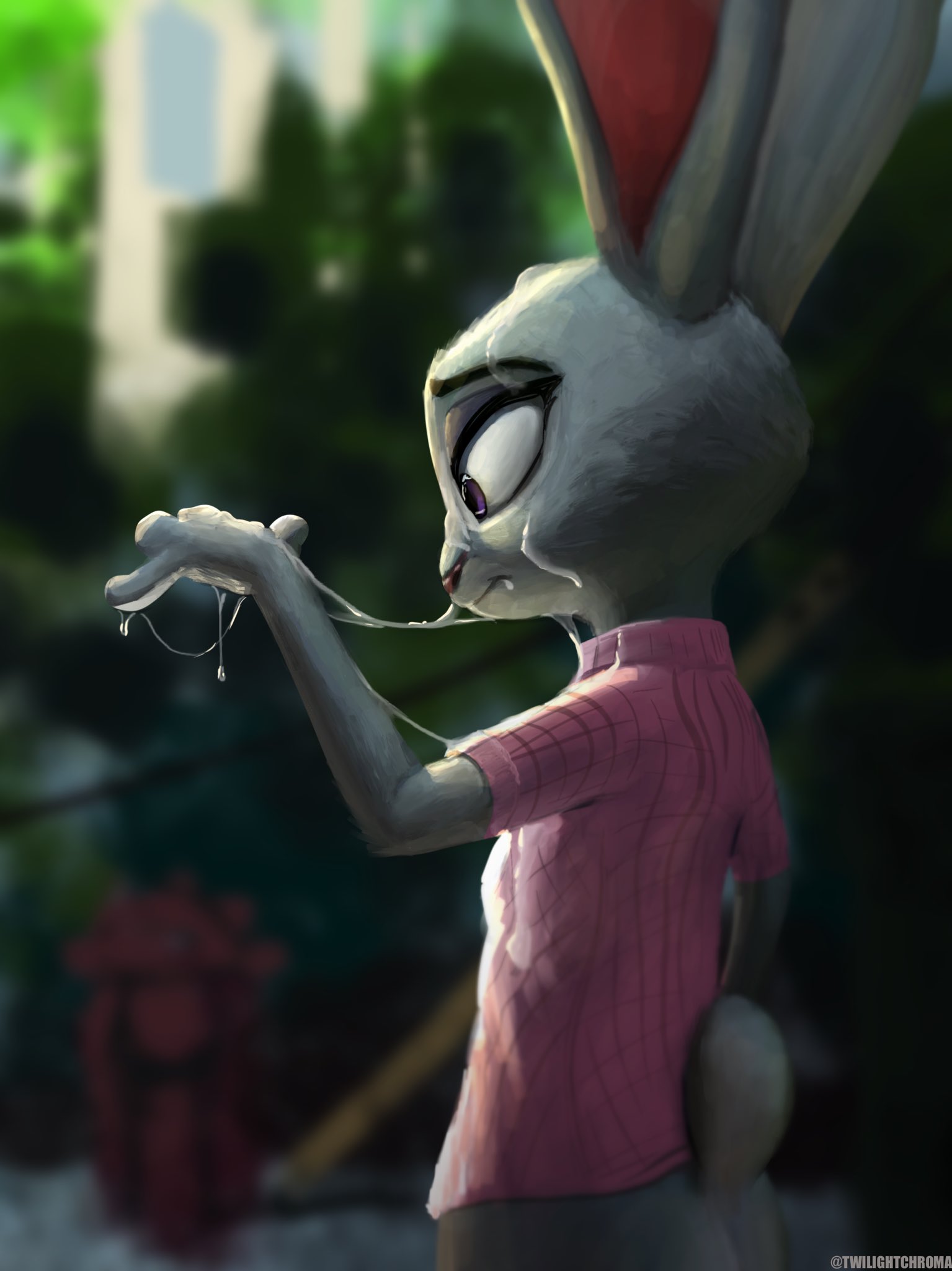 anthro bodily_fluids clothed clothing cum cum_on_clothing cum_on_face cum_on_hand disney female fur genital_fluids grey_body grey_fur hi_res judy_hopps lagomorph leporid male mammal purple_eyes rabbit solo twilightchroma zootopia