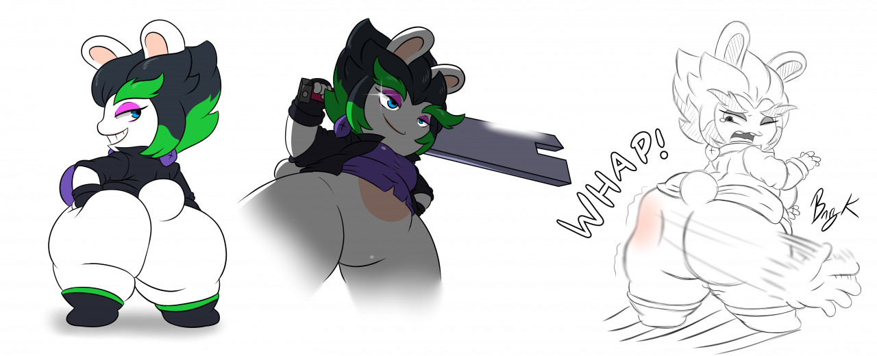 anthro, ass, big ass, big butt, blue eyes, bodily fluids, bottomless, breasts, bunearyk, butt slap, butt squish, clothed, clothing, disembodied hand, duo, edge (mario + rabbids), english text, exclamation point, featureless crotch, female, female only, fingerless gloves, footwear, gloves, hair, handwear, holding object, holding sword, holding weapon, jacket, lagomorph, leporid, looking back, mammal, mario (series), mario + rabbids, mario + rabbids: sparks of hope, melee weapon, multicolored hair, nintendo, one eye closed, onomatopoeia, open mouth, rabbid, rabbit, raving rabbids, shirt, slap, smile, socks, solo, solo female, solo focus, sound effects, squish, sword, tears, text, thick thighs, topwear, two-tone hair, ubisoft, video games, weapon, white body, wide hips