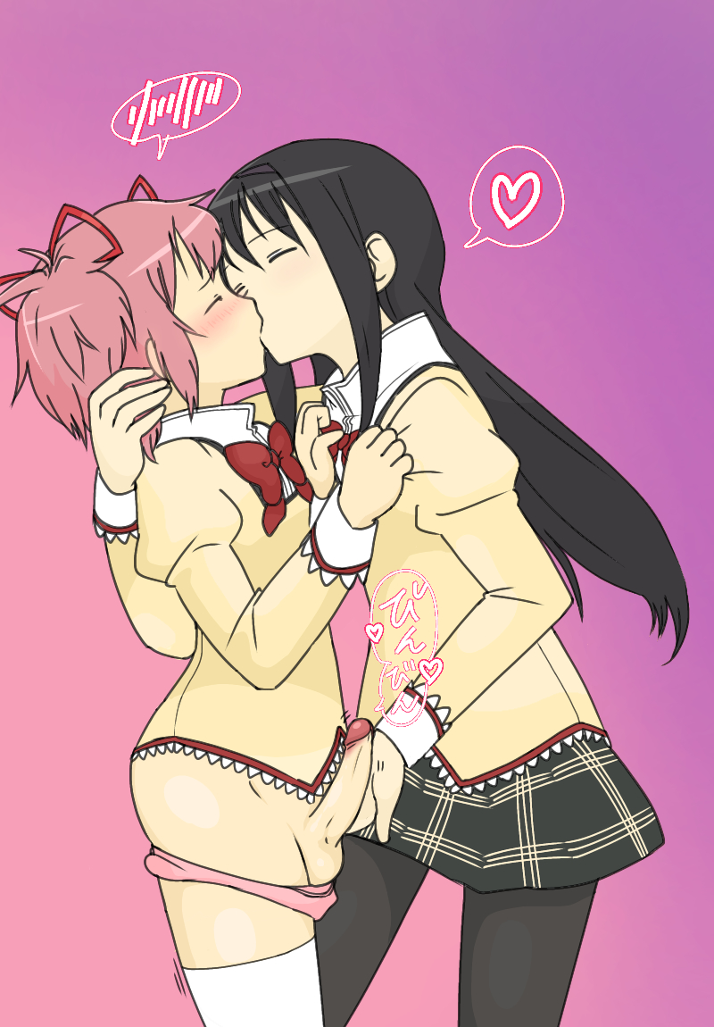 1futa 1girls akemi_homura balls black_hair black_legwear black_stockings blush bottomless breasts closed_eyes clothed clothing duo erection female fully_clothed futa_on_female futanari handjob human kissing legwear light-skinned_futanari light_skin long_hair madoka_kaname mahou_shoujo_madoka_magica panties panties_down partially_clothed penis pink_hair school_uniform schoolgirl short_hair skirt spring_b standing stockings tenting thighhighs twintails white_stockings