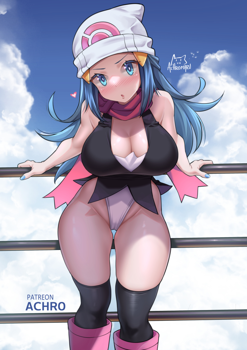 1girls achromaru aged_up alternate_breast_size blue_eyes blue_hair blush breasts dawn_(pokemon) embarrassed female hat hay huge_breasts leotard light-skinned_female light_skin long_hair nintendo pokemon pokemon_dppt thick_thighs wide_hips