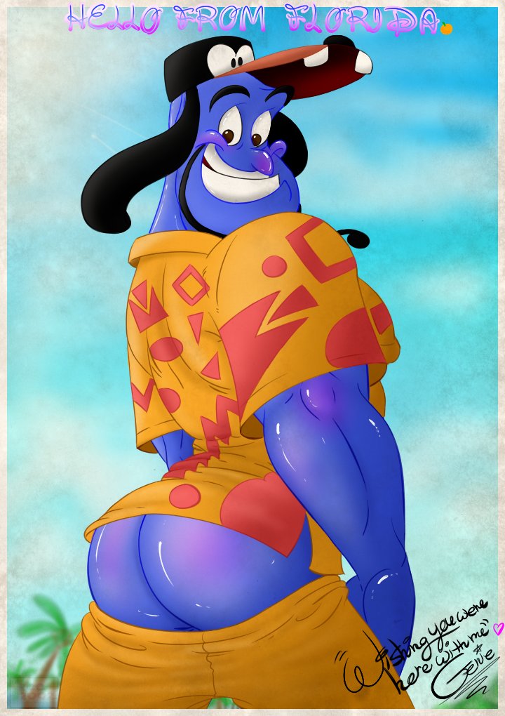 aladdin ass blue_skin disney gay genie_(aladdin) hat looking_at_viewer looking_back male male_only mooning pants_down rcc2002