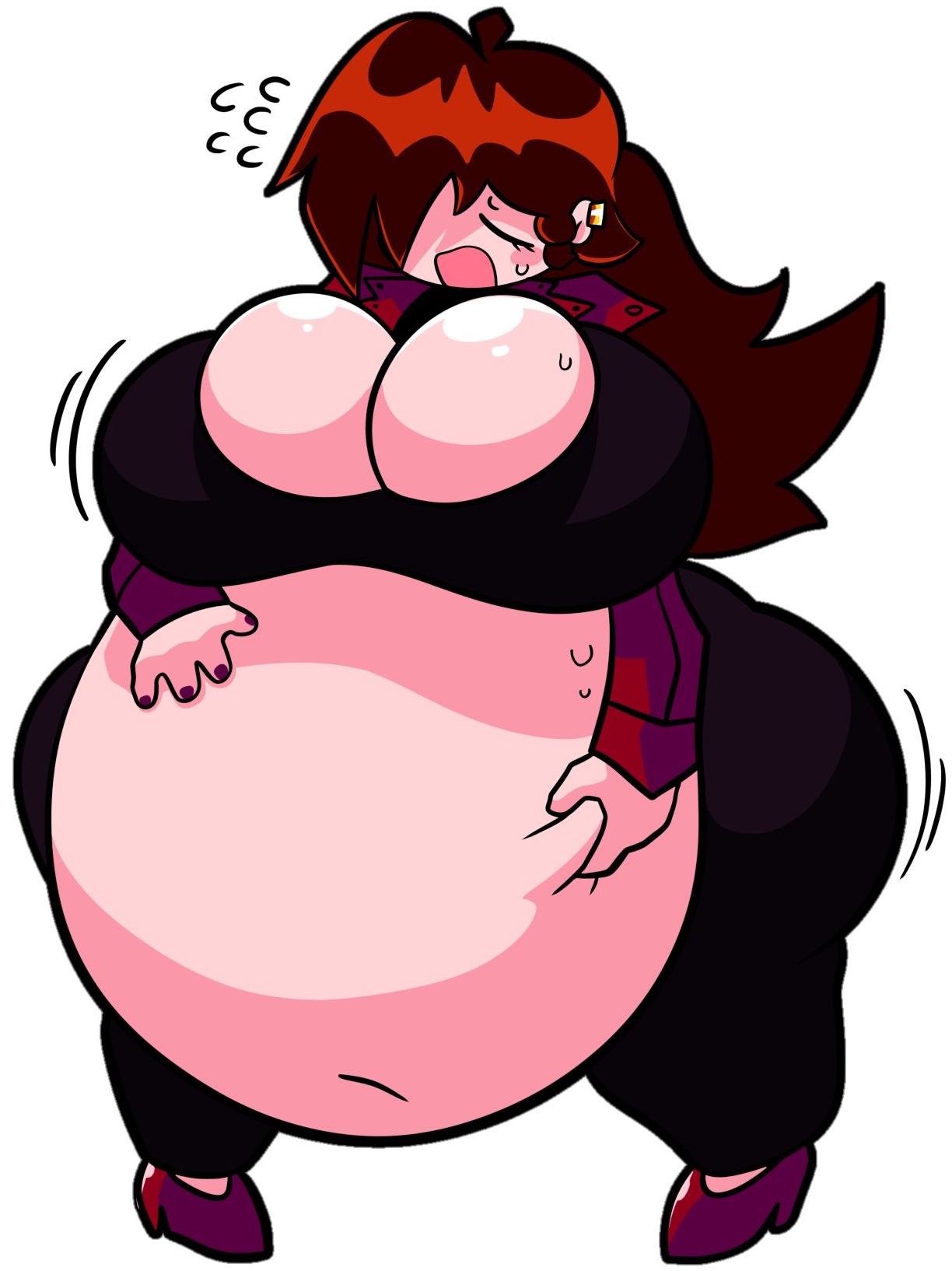auburn hair, belly button, big ass, big boobs, big breasts, big thighs, black clothing, bloated, bloated belly, chubby, chubby female, closed eyes, fat, fat female, fat fetish, friday night funkin, friday night funkin mod, gh 07 09, girlfriend (friday night funkin), grabbing stomach, obese, open mouth, sweatdrop, sweating, trepidation gf (friday night funkin), white background