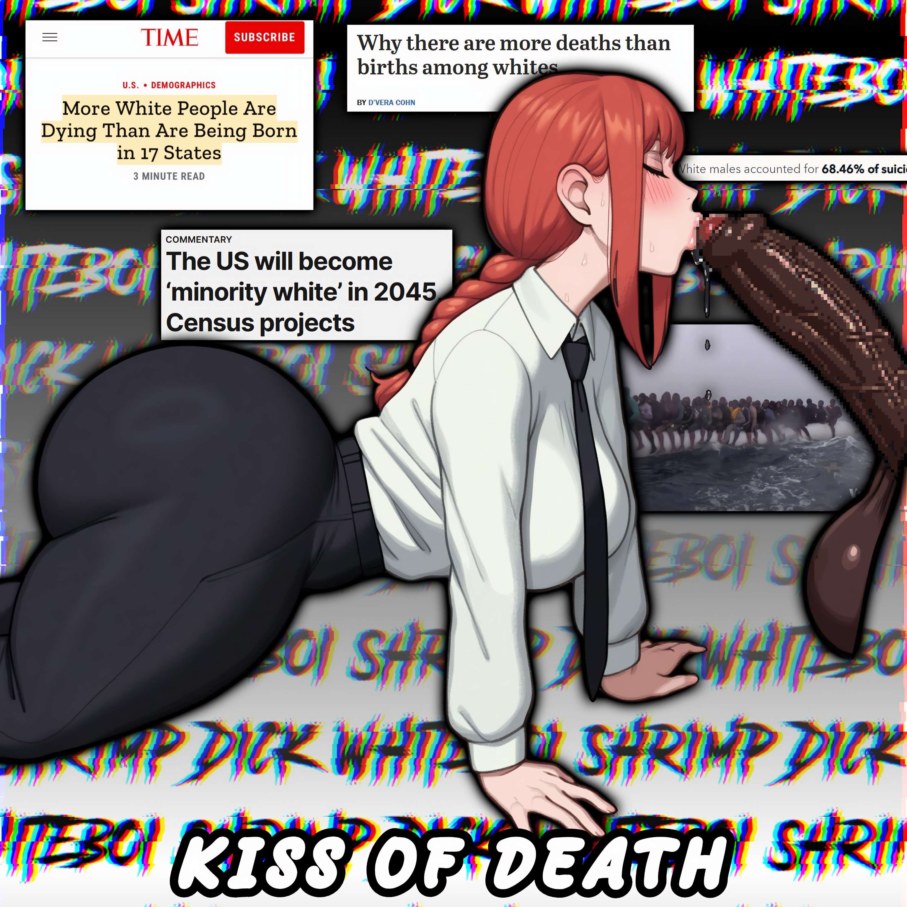 1boys, 1girls, ai generated, big ass, big black cock, big cock, big penis, blacked, blowjob, chainsaw man, dark-skinned male, edit, english, english text, interracial, kissing penis, makima (chainsaw man), meti935, newspaper, office clothing