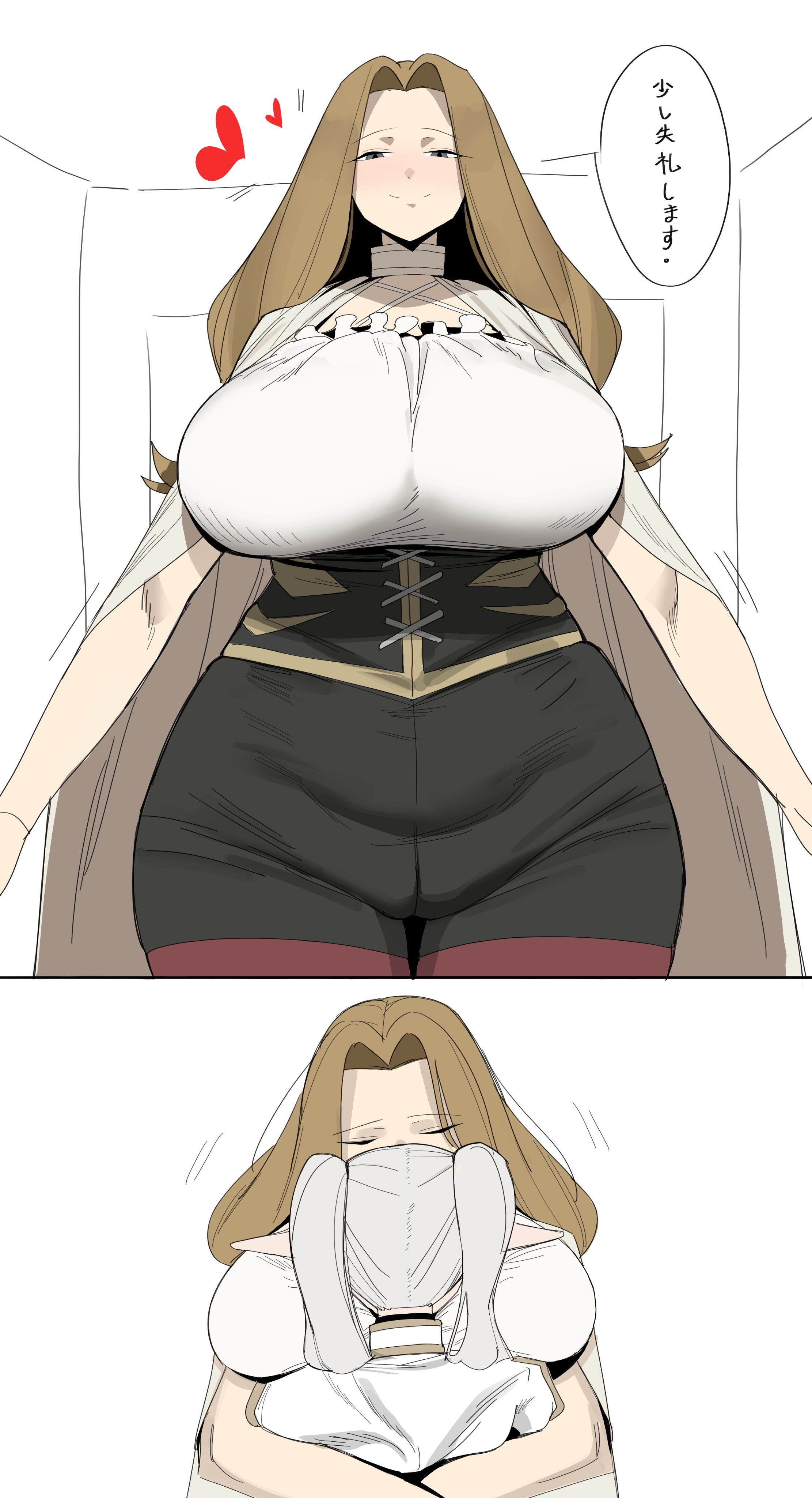 2girls, blonde hair, blush, breasts, brown hair, closed eyes, face in breasts, frieren, heart, hug, huge breasts, ir, long hair, methode (sousou no frieren), pantyhose, sousou no frieren, tagme, taut clothes, white hair, ysz