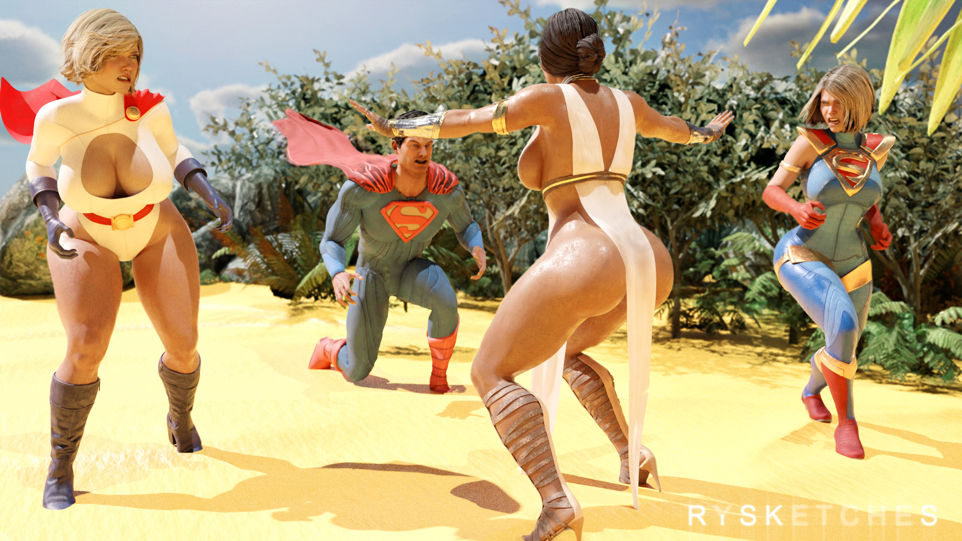 1boy, 3d, 3d (artwork), 3girls, amazon, ass, beach, big ass, big breasts, big butt, bisexual, bisexual female, black hair, blonde hair, breasts, cape, clark kent, cleavage, cousins, dc, dc comics, diana of themyscira, diana prince, female, gangbang, high heels, incest, injustice 2, kal-el, kara danvers, kara zor-el, kara zor-l, karen starr, kryptonian, light skin, light-skinned female, light-skinned male, male, meme, multiple females, multiple girls, olive skin, power girl, power girl (injustice), rysketches, sand, short hair, supergirl, supergirl (injustice), superman, superman (clark kent), superman (series), surrounded, thick thighs, white dress, wonder woman, wonder woman (injustice), wonder woman (series)
