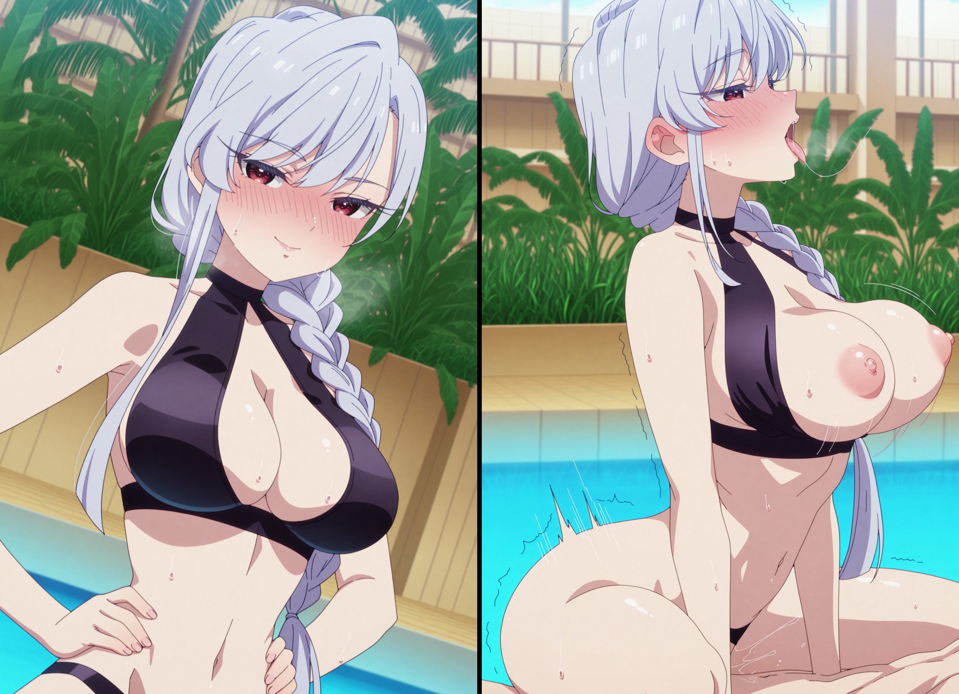 100 kanojo, ai generated, big breasts, bikini, bikini top only, breasts out of bikini, cleavage cutout, clothed sex, cowgirl position, eiai nano, exposed breasts, halter bikini, halterneck, kawaani, kimi no koto ga dai dai dai dai daisuki na 100-nin no kanojo, on top, pool, pool sex, tongue out, white hair