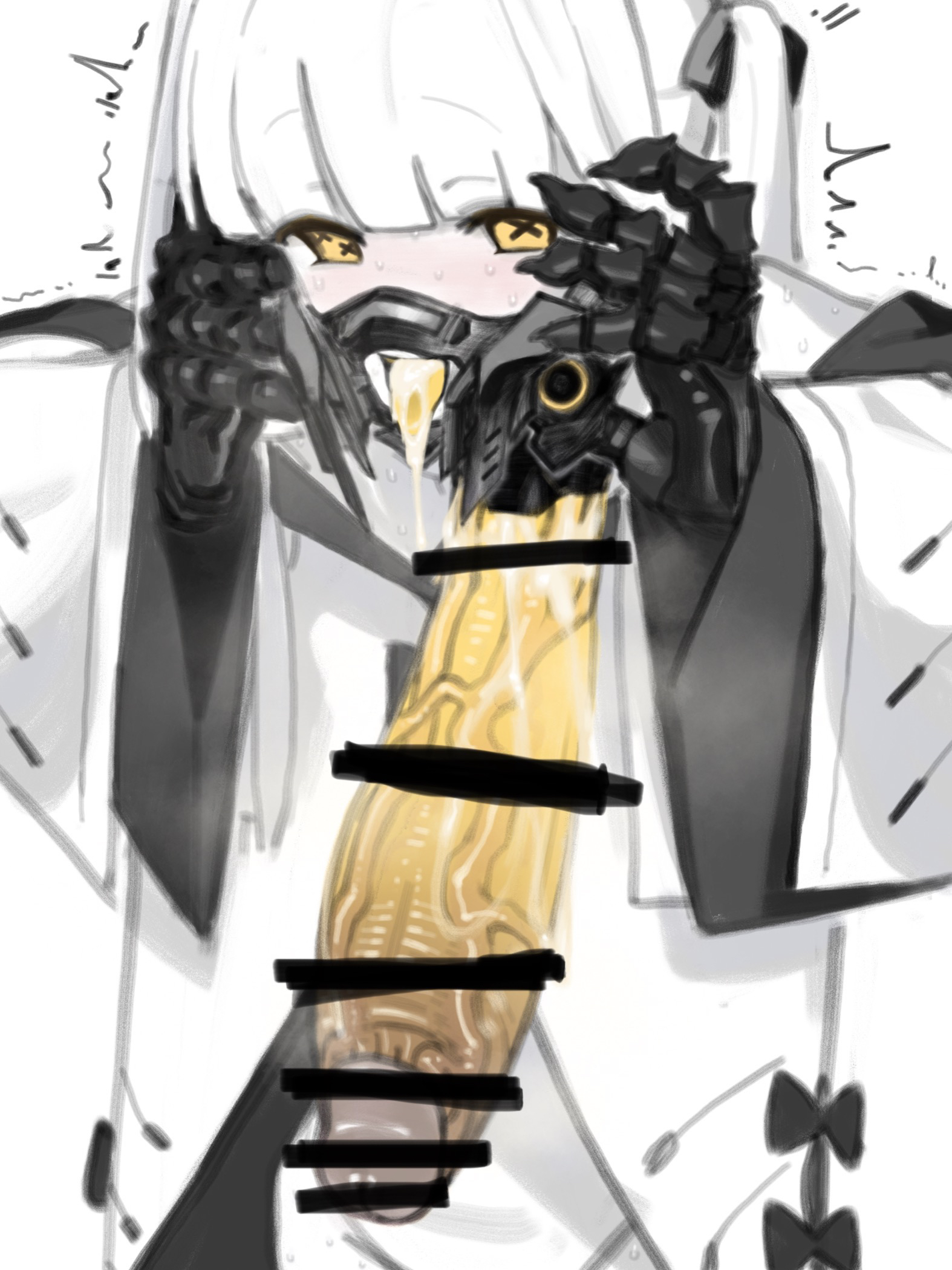1girls, bangs, bar censor, blue archive, blunt bangs, blush, censored, colored penis, colored skin, cum, cum in mouth, detachable head, ein (blue archive), female, futanari, gas mask, hair ornament, hair ribbon, hitobashira (1746164306), holding head, penis, smile, solo, solo female, solo focus, symbol-shaped pupils, tongue, tongue out, trembling, unusual anatomy, unusual penis, victim alice, x-shaped pupils