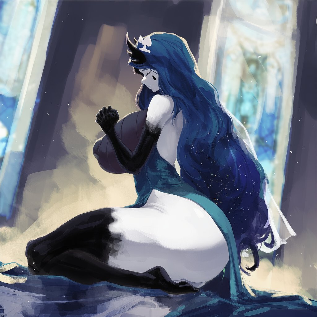 1girls, abnormality (project moon), ai generated, big breasts, blue hair, breasts, breasts bigger than head, child bearing hips, cinderhee, dark blue hair, dress, extremely pale, eyelashes, eyes closed, feet, female, gloved hands, gloves, huge breasts, indoors, kneeling, knight of despair, large breasts, lobotomy corporation, long hair, makeup, nipple bulge, nipples, pale skin, pale-skinned female, prayer hands, praying, project moon, sideview, skimpy, skimpy clothes, skimpy dress, solo, solo female, stockings, tagme, tear, thighhighs, thighs, very long hair, white skin (monochrome)