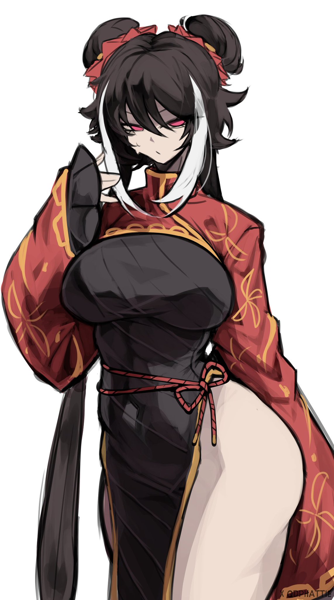 1girls, black hair, breasts, jia xichun (limbus company), limbus company, phatie (artist), pink eyes, project moon, qdphatie, qipao, tagme, thighs