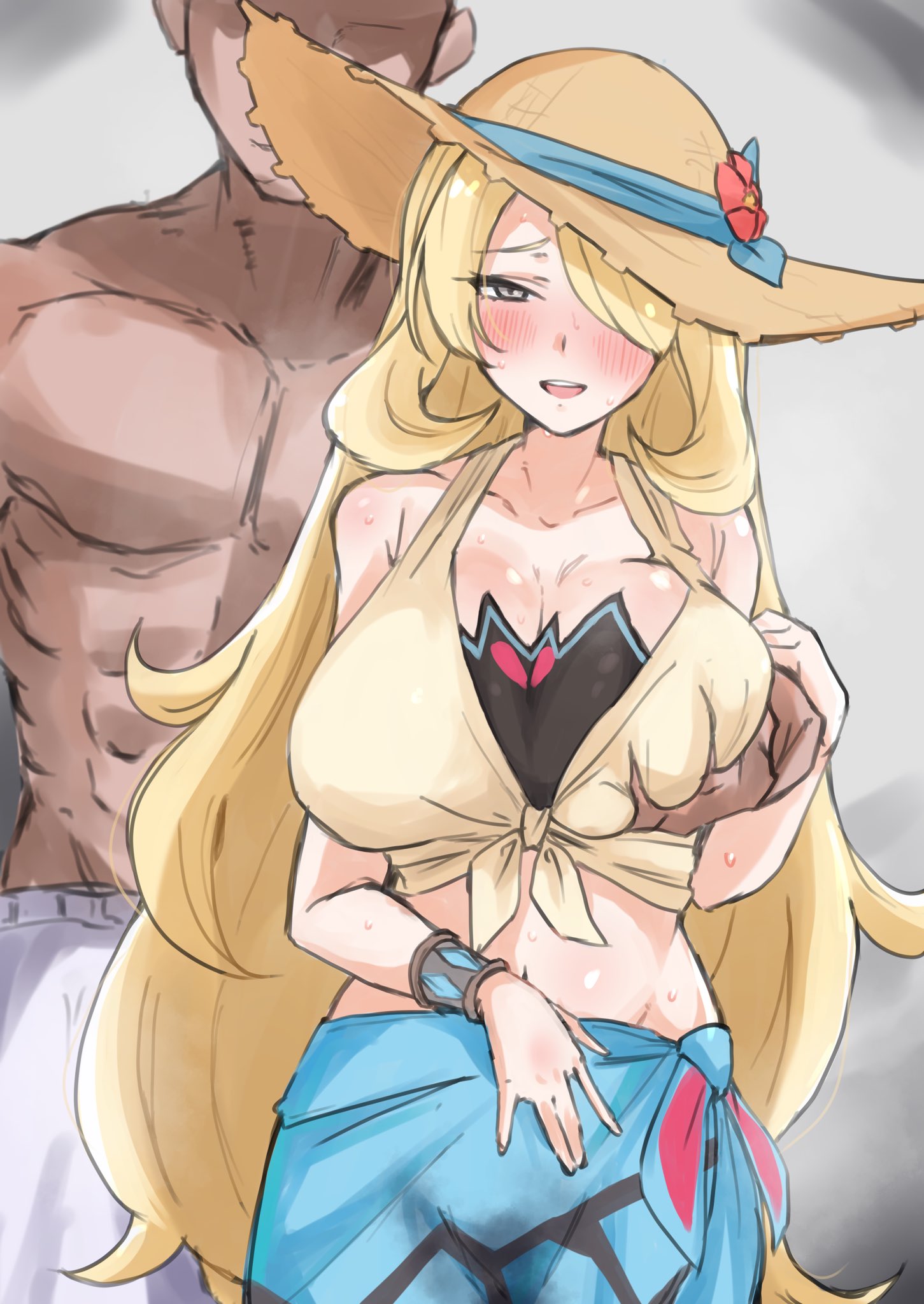 1boy, 1girl, 1girls, big breasts, blonde hair, blush, breast grab, breasts, cleavage, cynthia (pokemon), cynthia (summer 2025) (pokemon masters), dark-skinned male, grabbing, hair over one eye, hat, huge breasts, large breasts, light-skinned female, long hair, looking at viewer, musoukyoukou, nintendo, open mouth, pokemon, pokemon dppt, pokemon masters, puri 0228, sarong, smile, straw hat, sun hat, sweat, swimsuit, tagme, tied shirt, very long hair