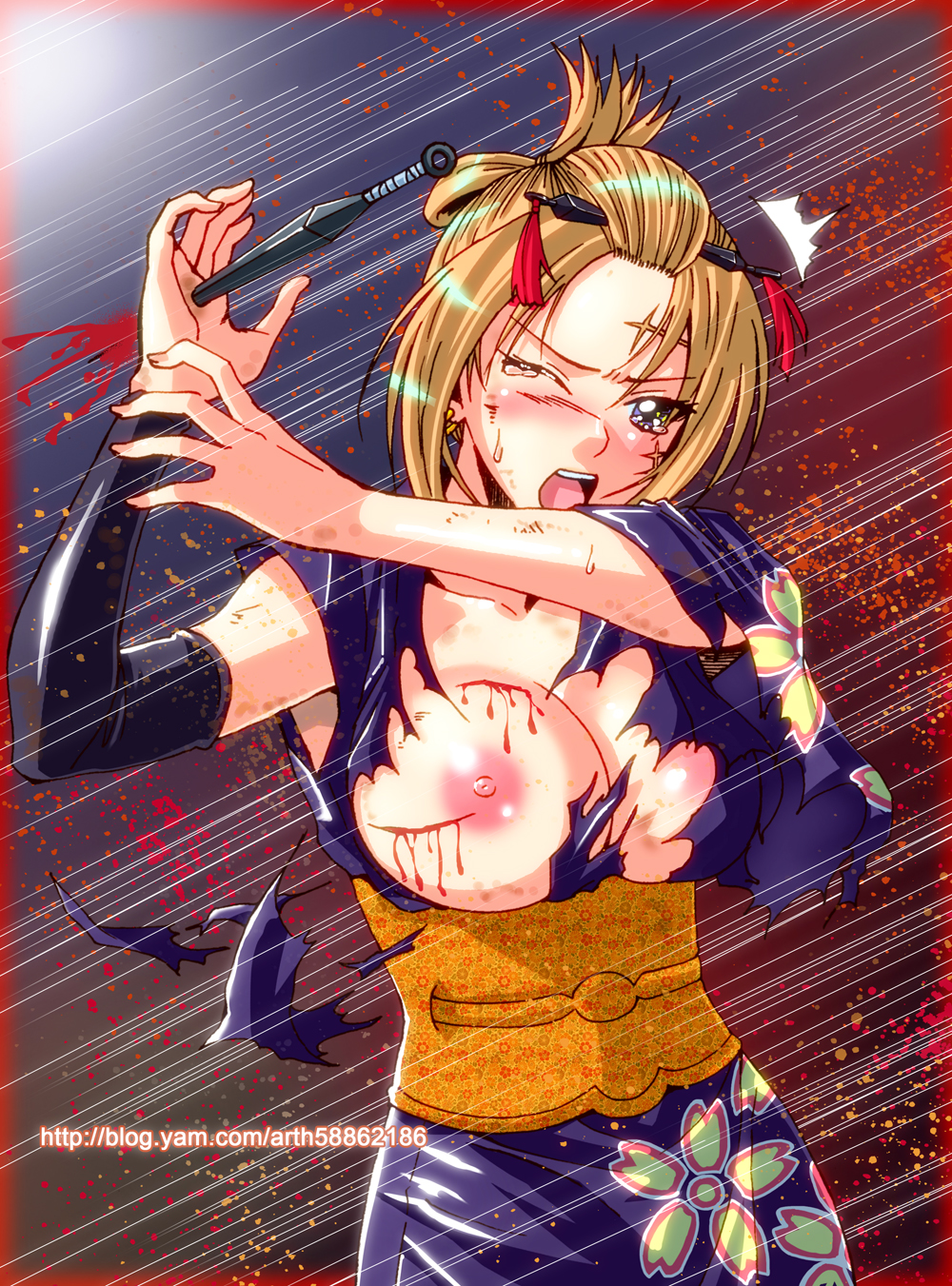 action_pose areola_slip big_breasts blonde_hair blood blush breasts_out cuts detached_sleeve dirty facial_scar female female_only gintama hair_ornament hungkasai injury kimono kunai kunoichi no_bra obi one_eye_closed p pain purple_eyes solo sweat tears tied_hair torn_clothes tsukuyo wounded