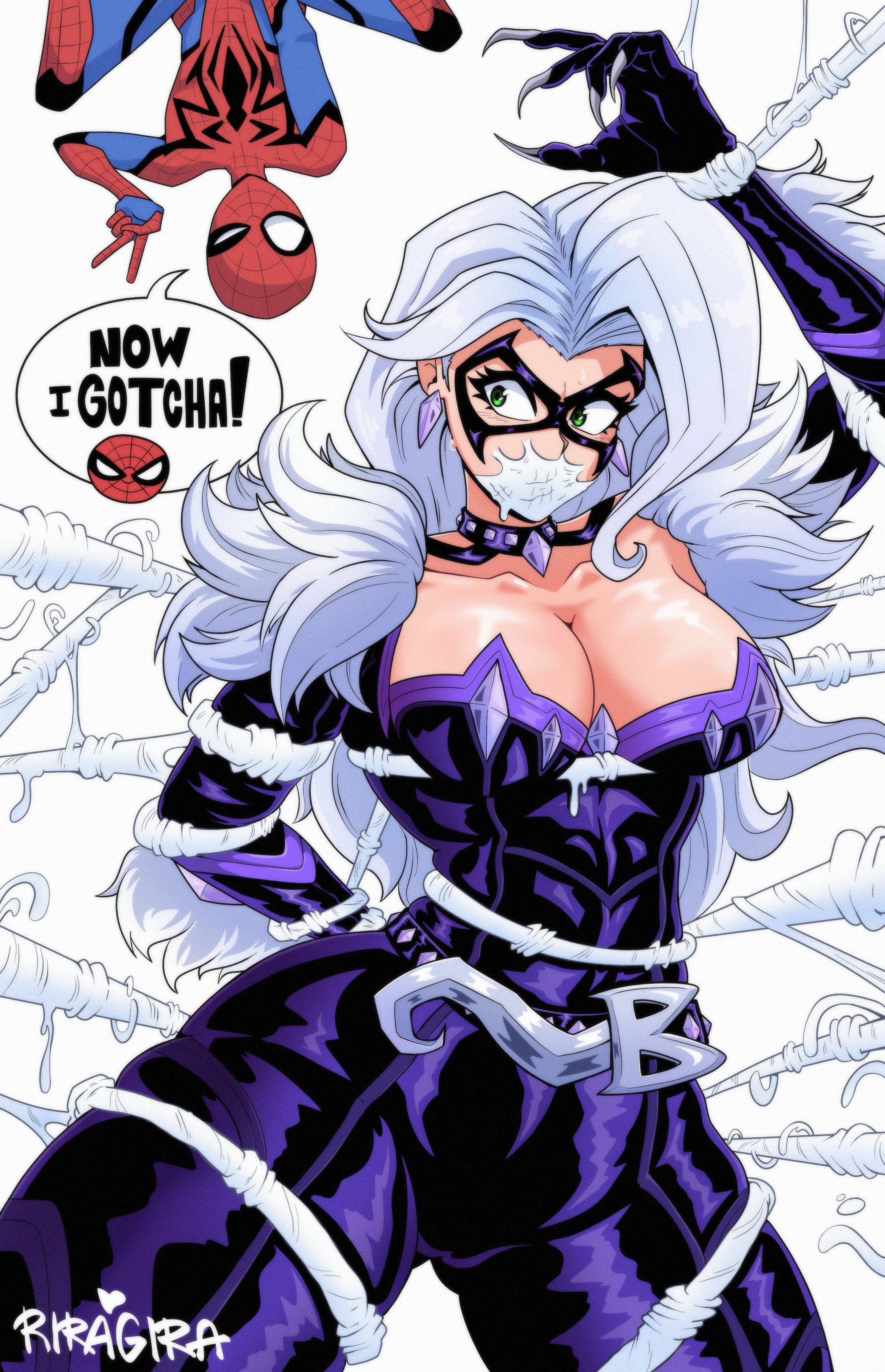 1boy, 1boy1girl, 1girl1boy, 1girls, 2026, 2d, big breasts, black cat (marvel rivals), black cat (marvel), bodysuit, bondage, bound, bound wrists, breasts, bursting breasts, choker, claws, cleavage, collar, color, colored, couple, couple (romantic), couples, curvaceous, curvaceous body, curvaceous female, curvaceous figure, curvaceous hips, curvy, curvy body, curvy female, curvy figure, curvy hips, earrings, felicia hardy, female, green eyes, hips, huge breasts, large breasts, light skin, light-skinned female, looking at partner, male, marvel, marvel comics, marvel rivals, mask, masked, masked female, masked male, massive breasts, peter parker, pinup, riragira, romantic, romantic couple, seductive, seductive look, shiny, shiny breasts, shiny clothes, shiny skin, skin tight, spider-man, spider-man (marvel rivals), spider-man (series), superhero, superhero couple, superheroine, text, text bubble, thick, thick breasts, thick hips, thick thighs, tight clothes, tight clothing, voluptuous, voluptuous female, web gag, webbed, white background, white hair, wide hips