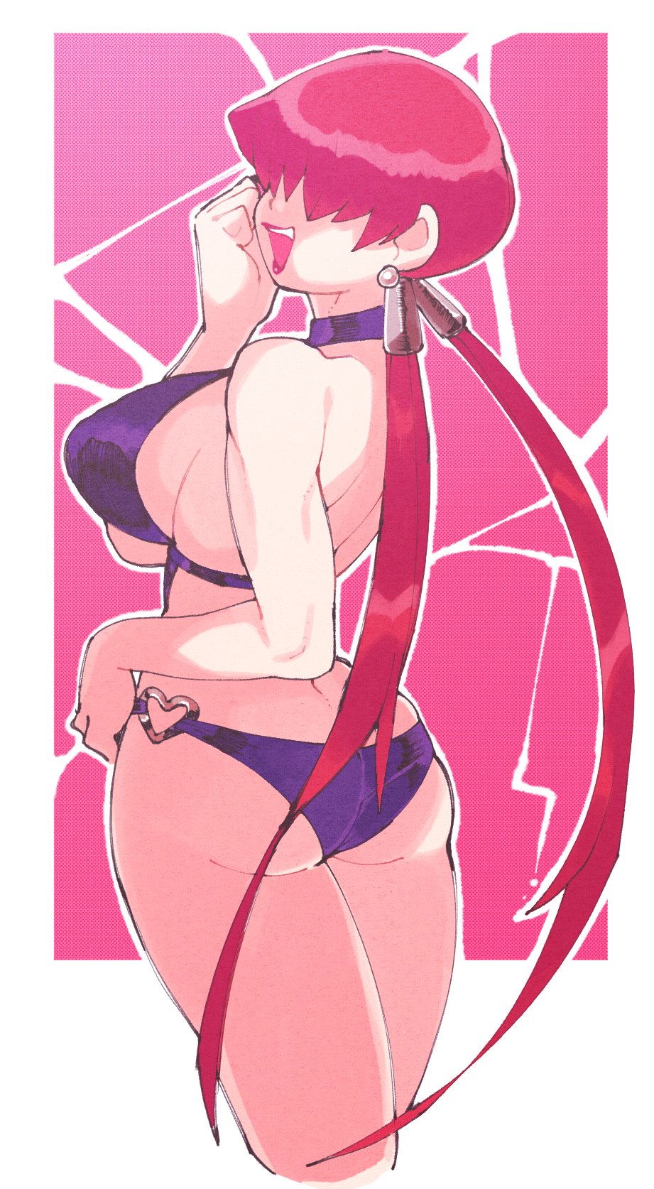 1girl, 1girls, ass, big breasts, bikini, border, breasts, commentary, earrings, english commentary, female, female only, hair over eyes, heart ring, heart ring swimsuit, heart-ring, highres, inkerton-kun, inkuusan, jewelry, king of fighters, large breasts, lipstick, long hair, makeup, o-ring, o-ring bottom, open mouth, red hair, red lipstick, shermie (kof), sideboob, smile, snk, solo, split ponytail, swimsuit, the king of fighters, white border