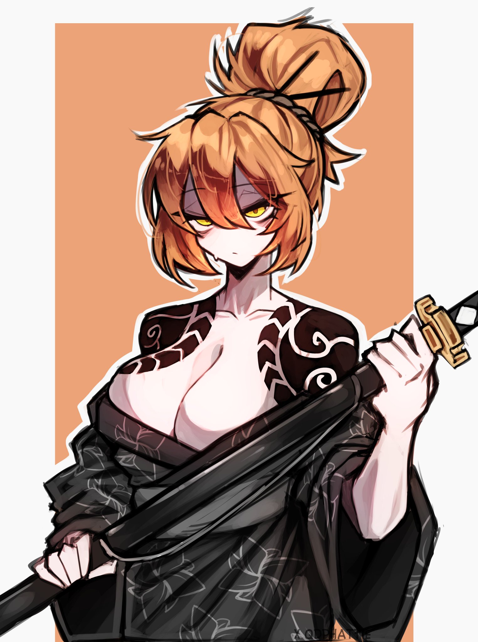 female, female only, irezumi, ishmael (limbus company), kimono, kurokumo clan (identity) (project moon), limbus company, orange hair, phatie (artist), project moon, qdphatie, solo, tagme, tattoo, yakuza tattoo